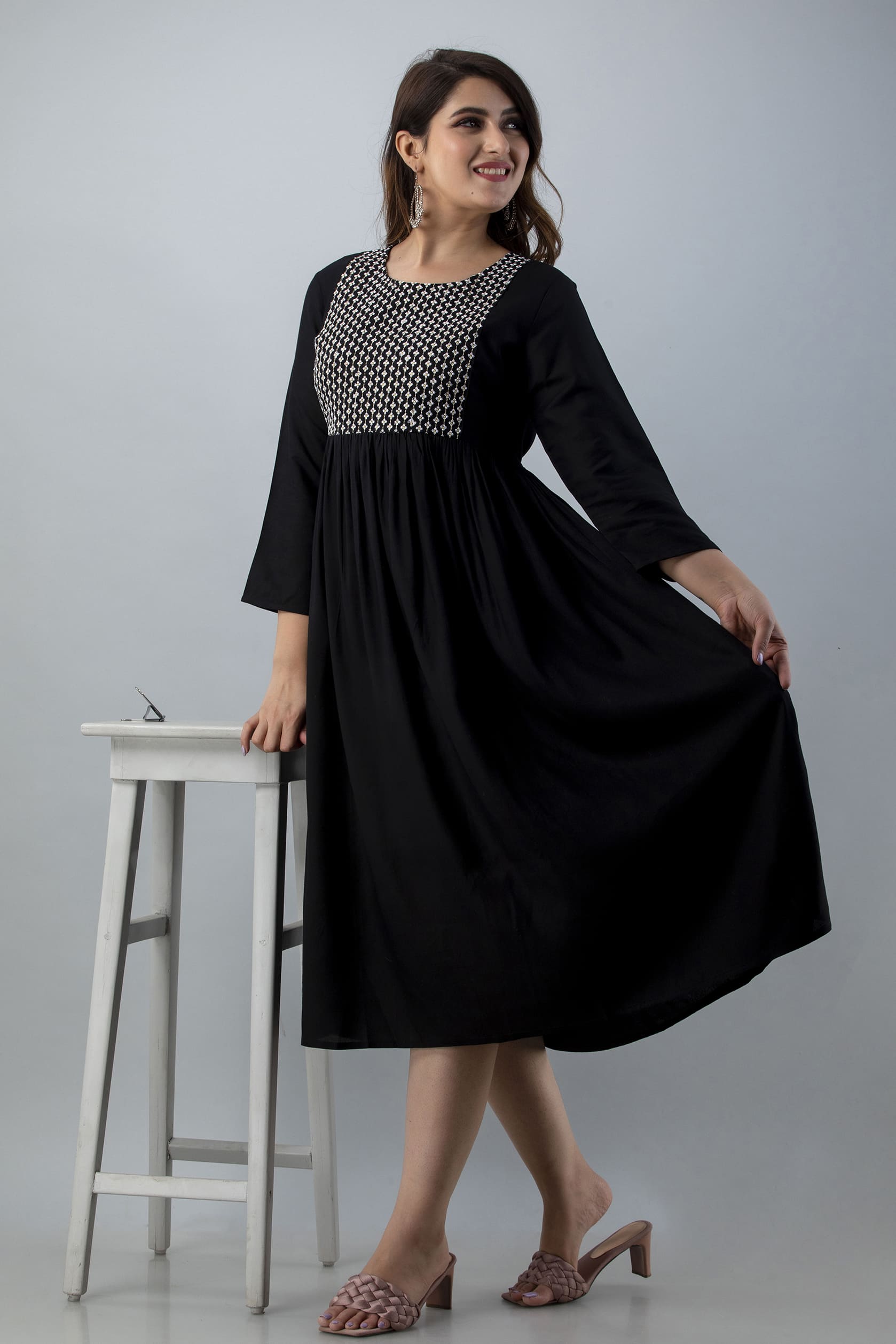 "Mithya Black Flared Midi Kurta Dress"