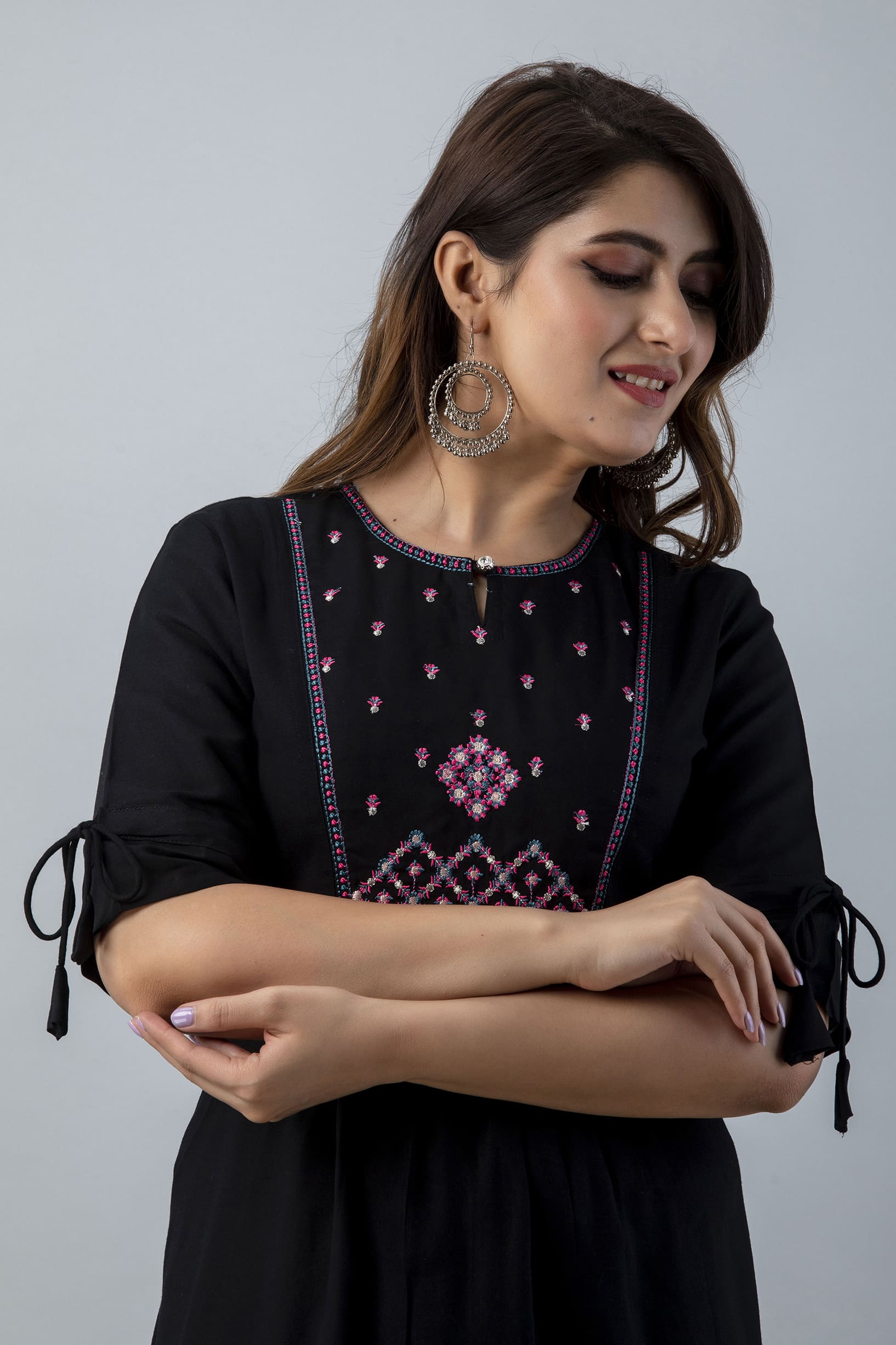 Aureva Black Front Embroidery Flared Kurta - View 4