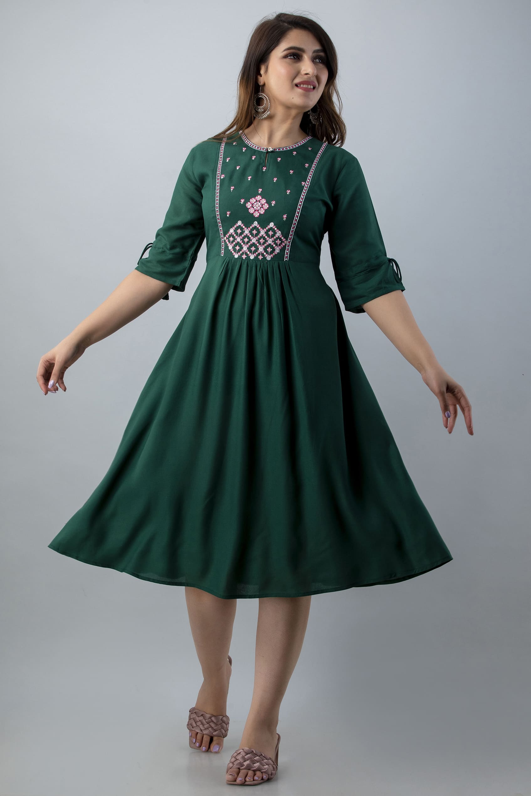 Aureva Green Front Embroidery Flared Kurta for Women by Vaaki