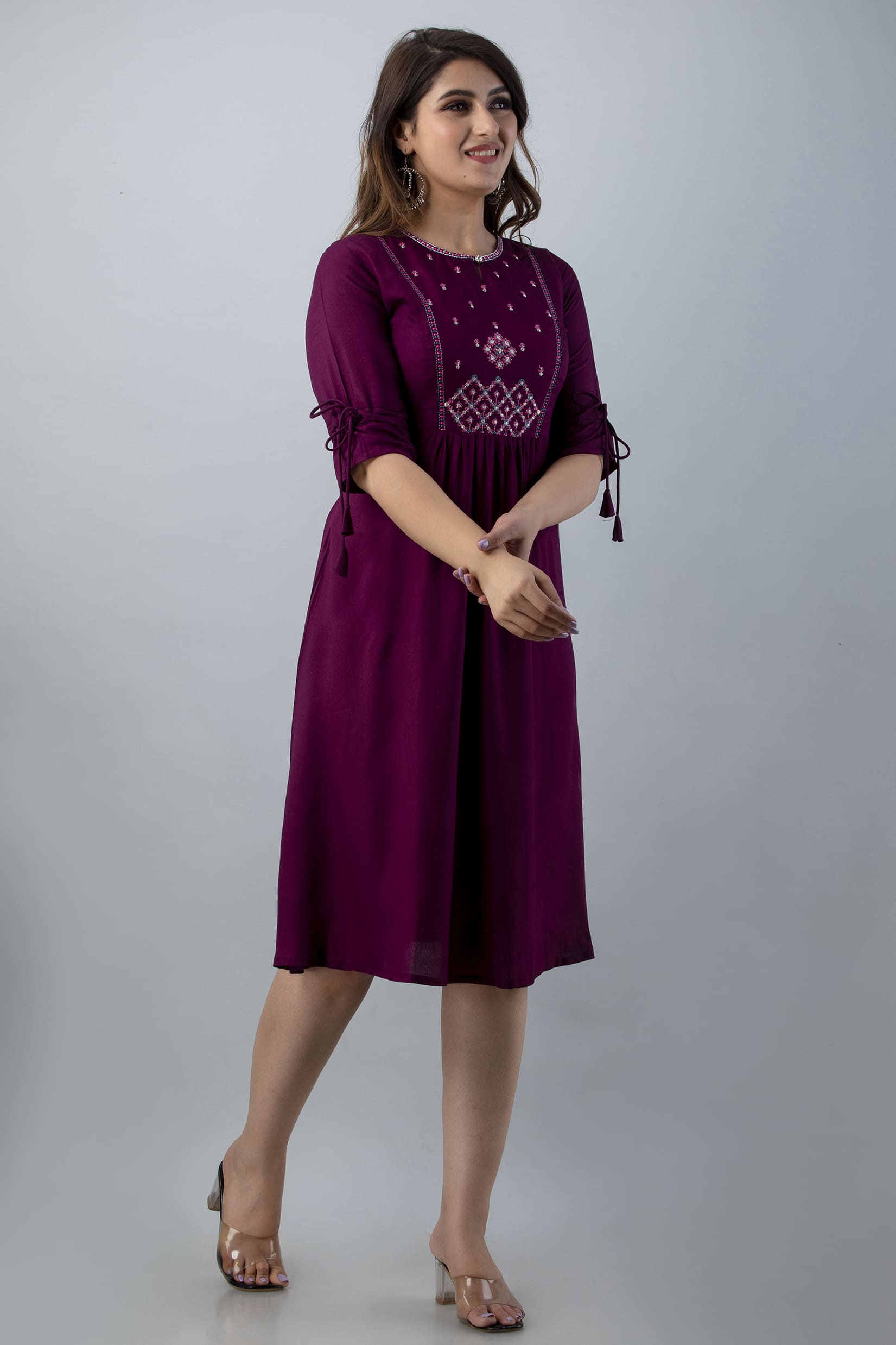 Aureva Maroon Front Embroidery Flared Kurta - View 2