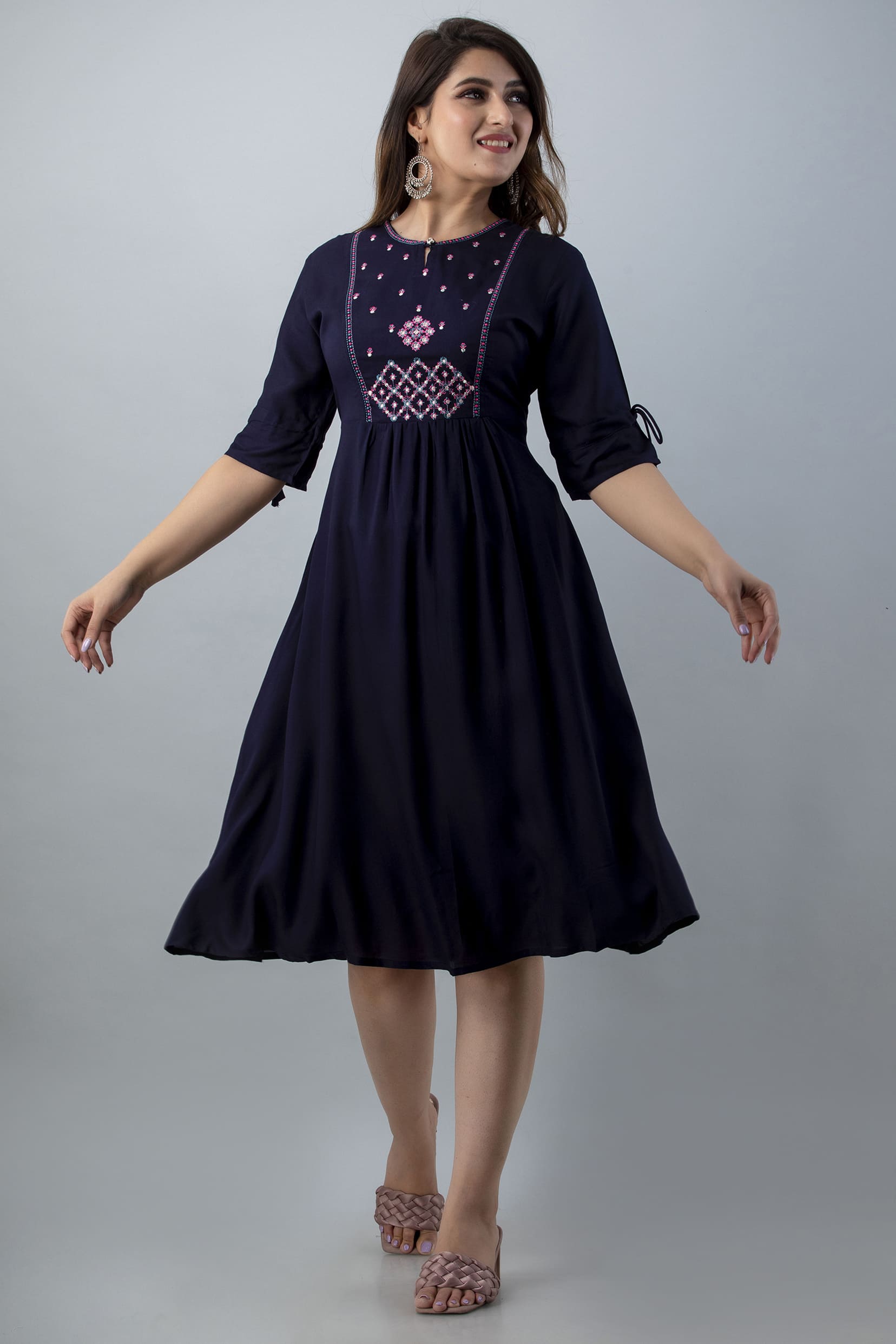 Aureva Blue Front Embroidery Flared Kurta