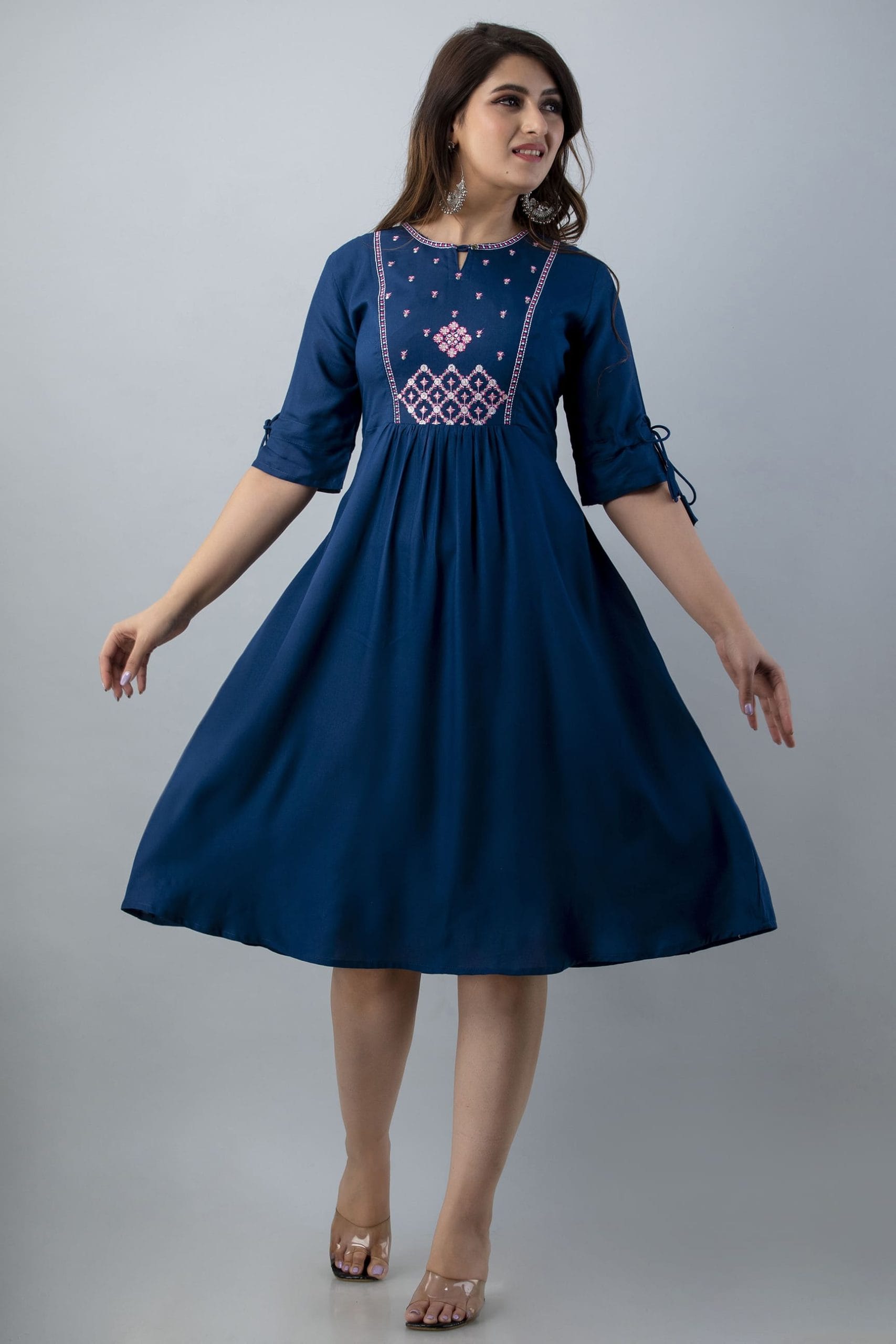 Teal Blue Front Embroidery Flared Kurta