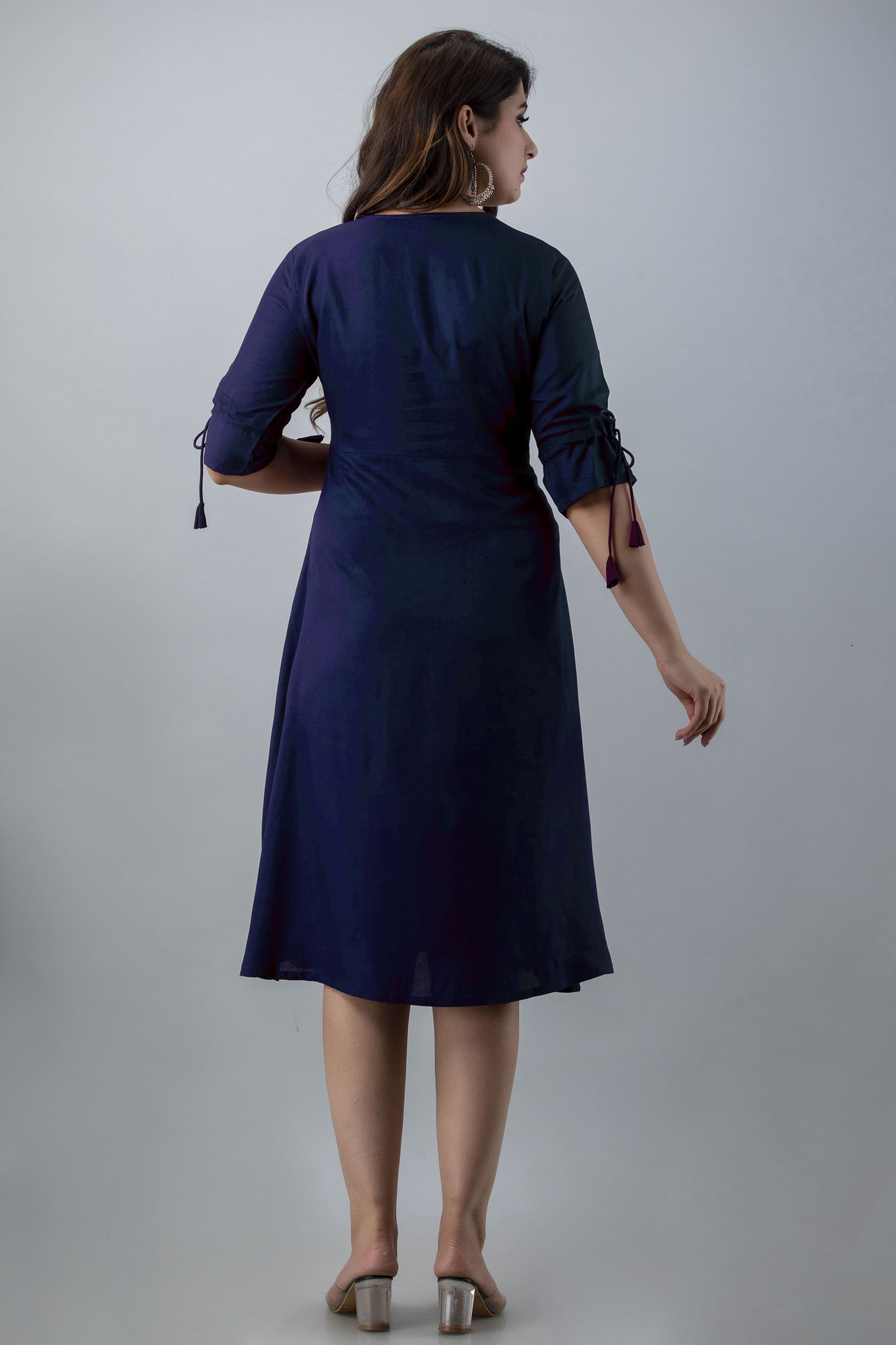 Teal Blue Front Embroidery Flared Kurta - View 2