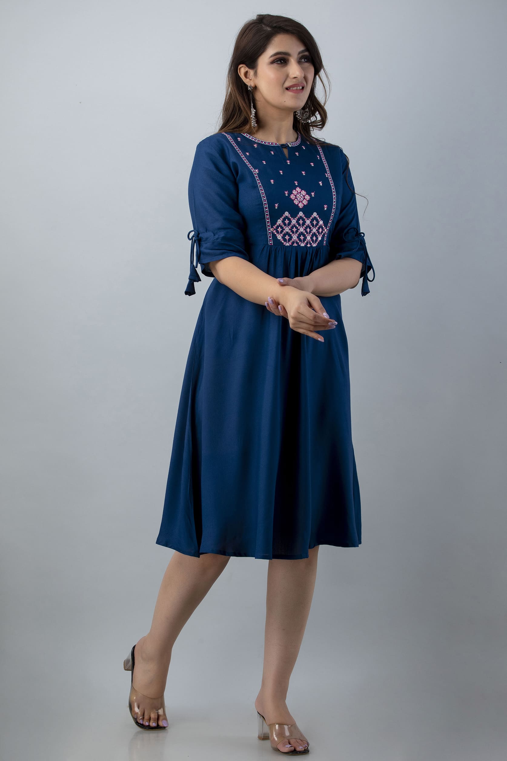 Teal Blue Front Embroidery Flared Kurta - View 3