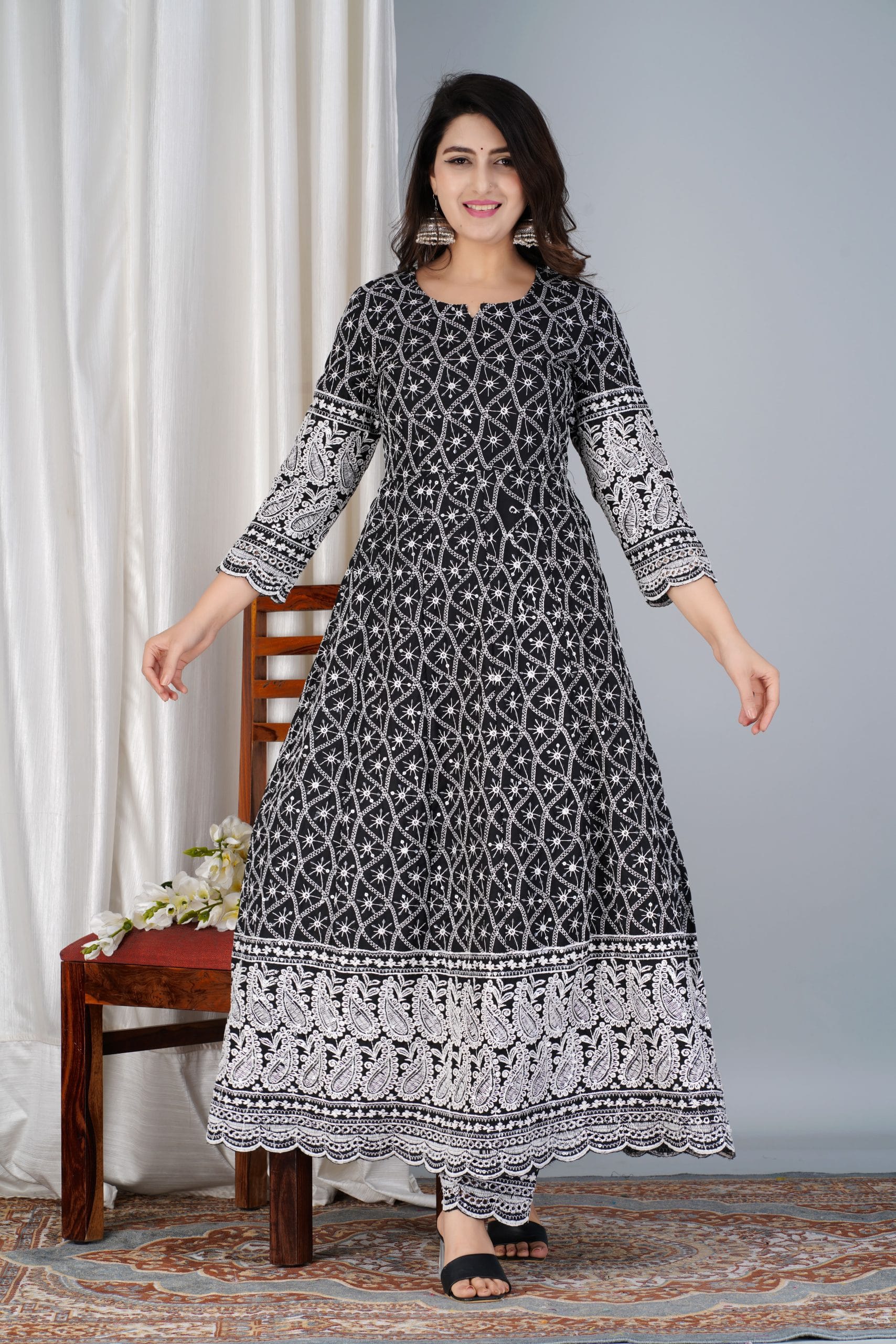 Black Chikenkari Cotton Anarkali Kurti Pent Set By Vaaki
