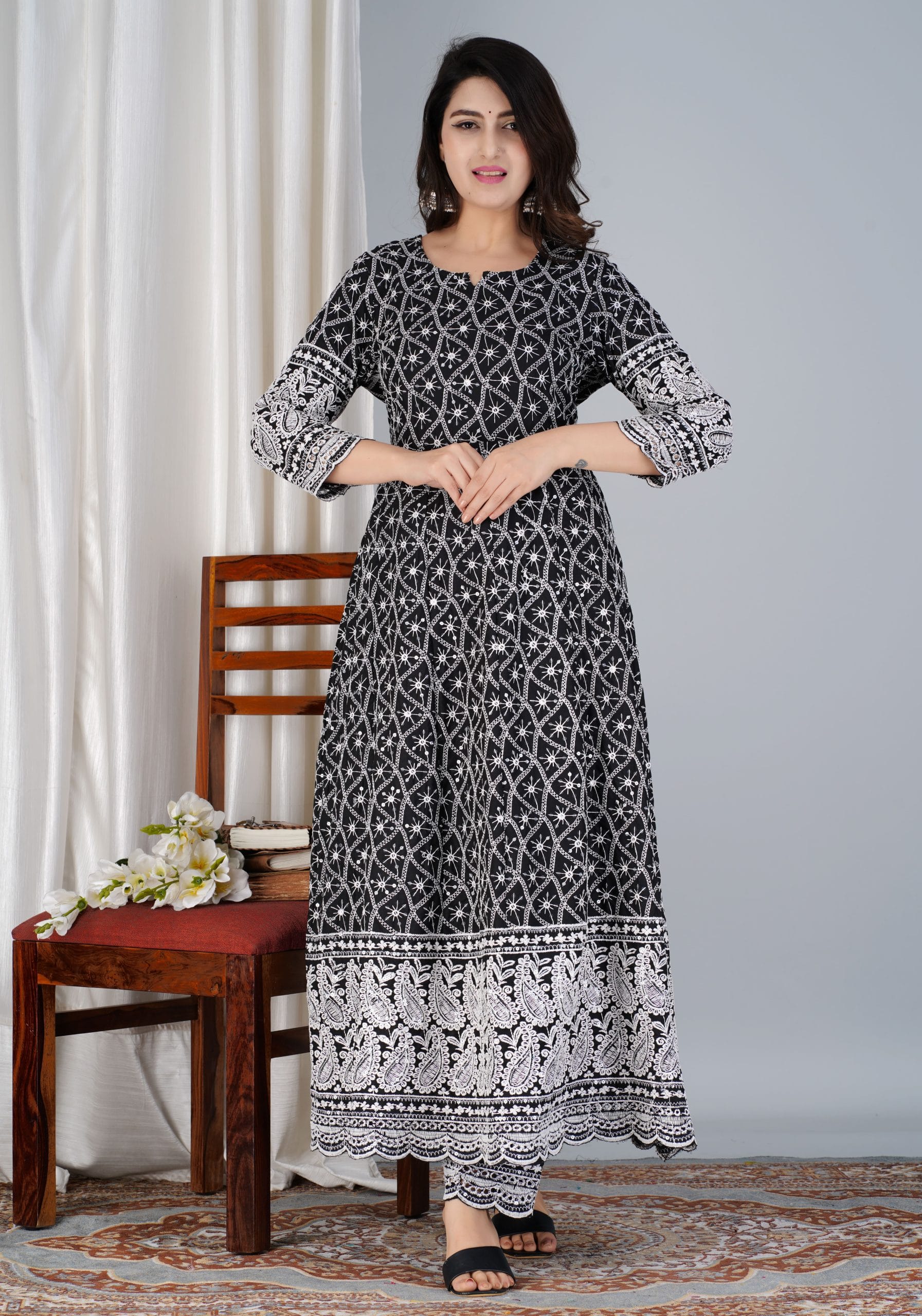 Elegant Black Chikankari Anarkali Kurti Pant Set - View 3