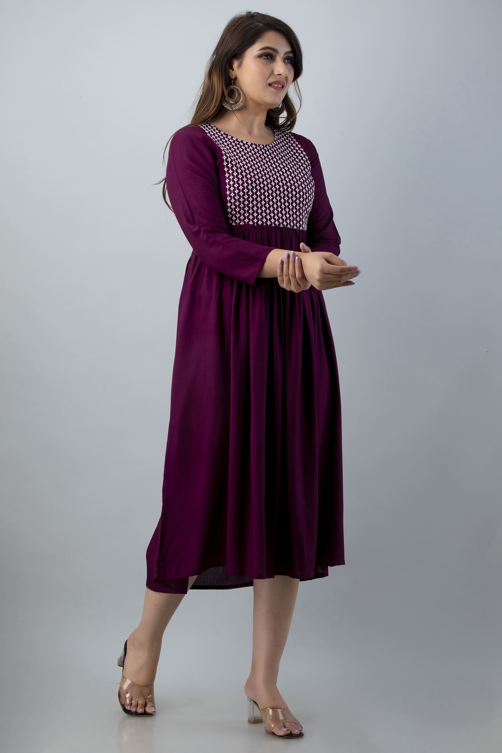 Mithya Wine Flared Midi Kurta Dress - View 3