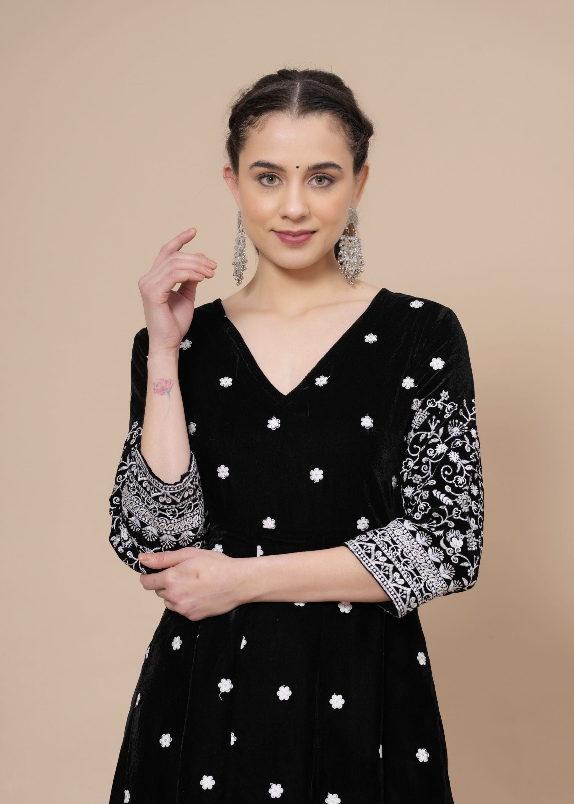 “Velora” Velvet Black Anarkali Kurta - View 3