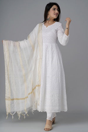 White Chikankari Anarkali Kurta Set with Dupatta