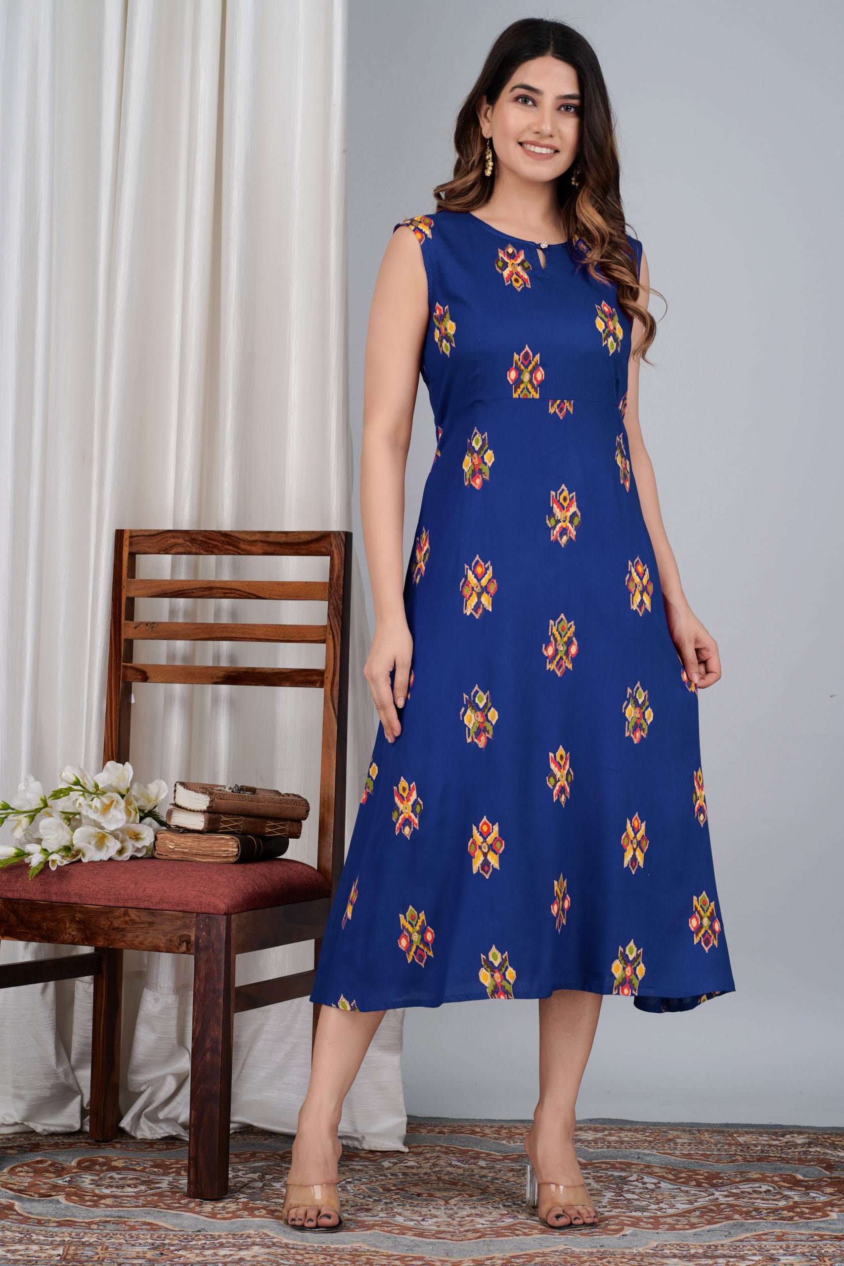 Rivaah Blue Printed Flared Sleeveless Kurta - View 3