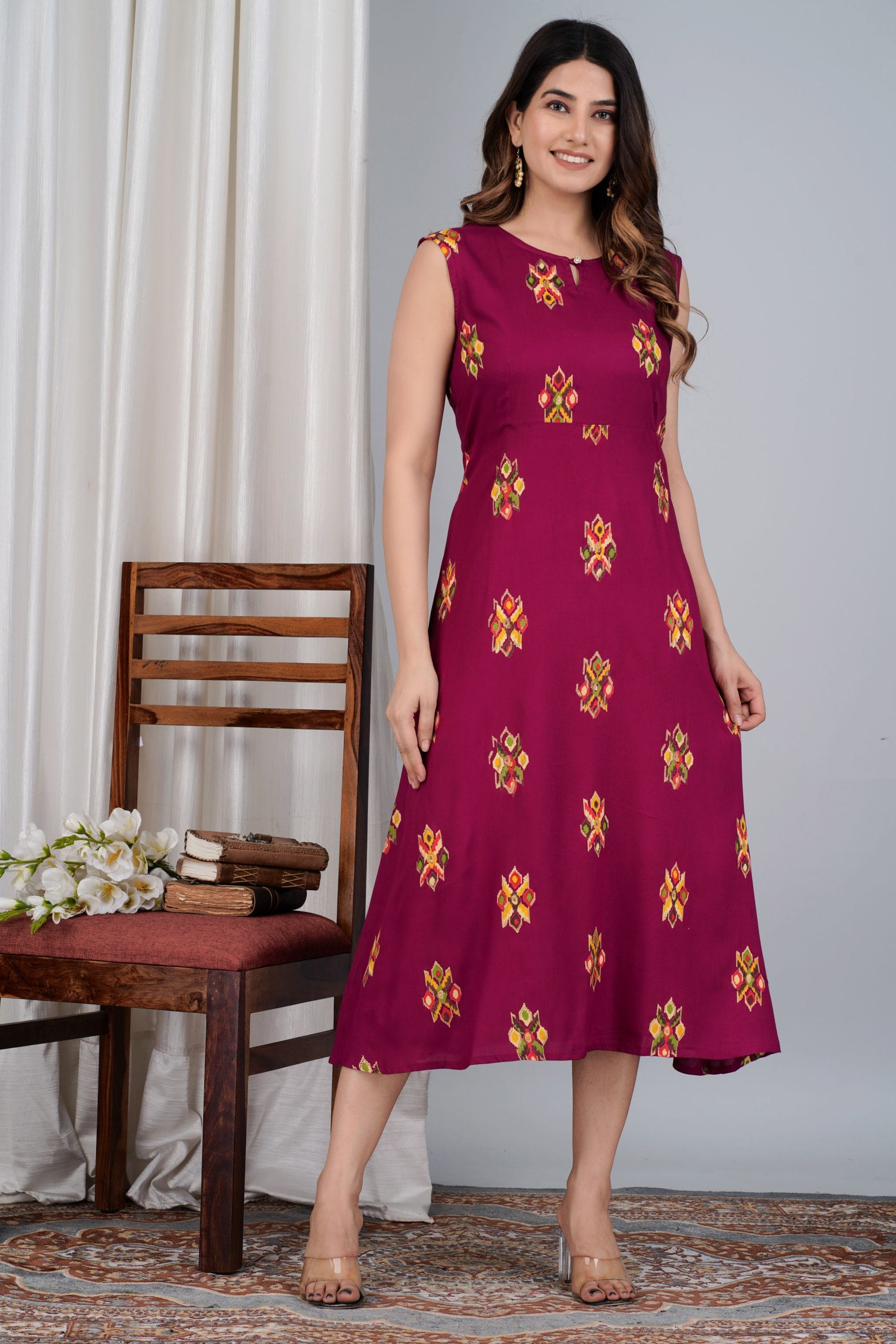 Rivaah Maroon Printed Flared Sleeveless Kurta