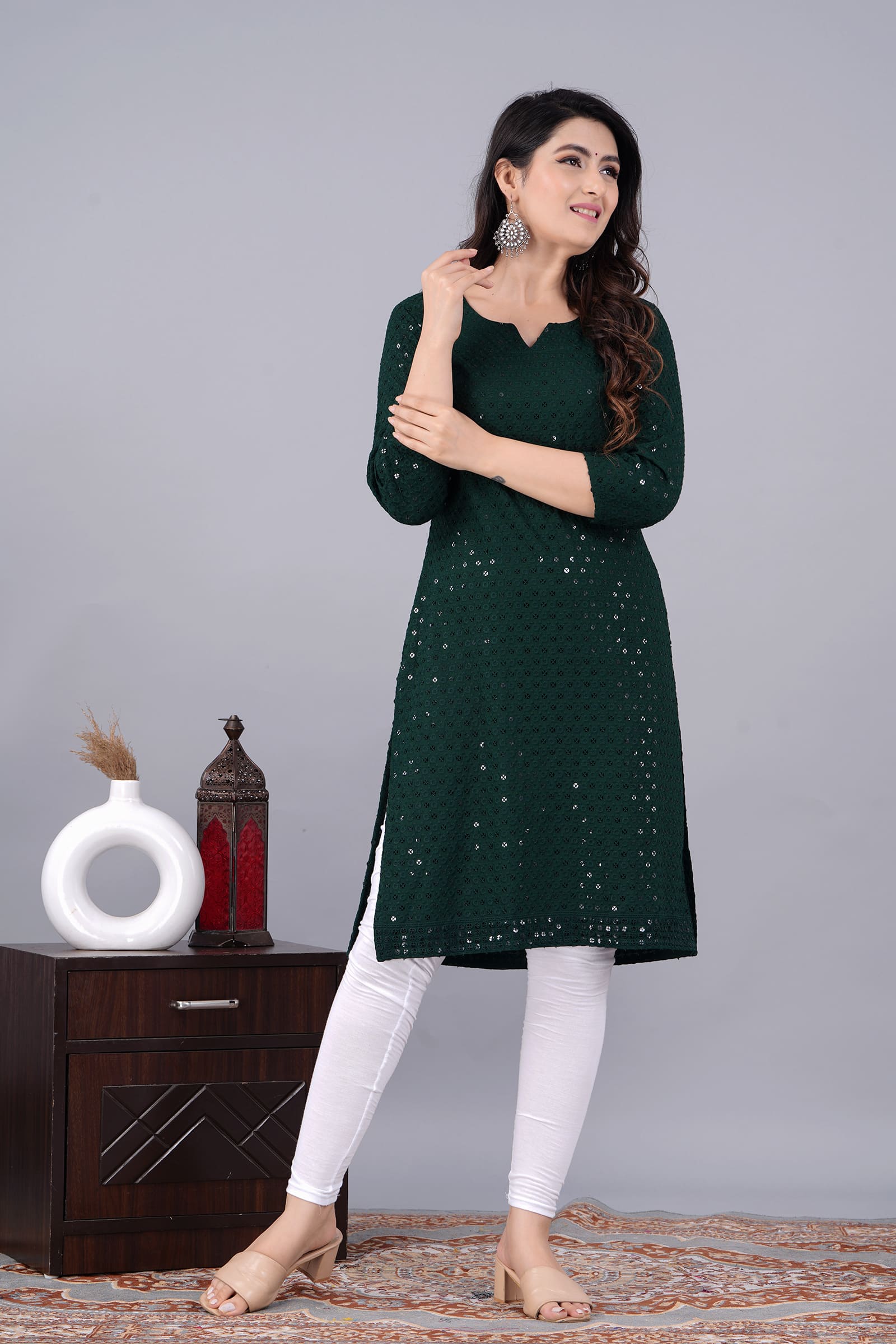 Noor Green Chikankari Kurti for Women - View 3