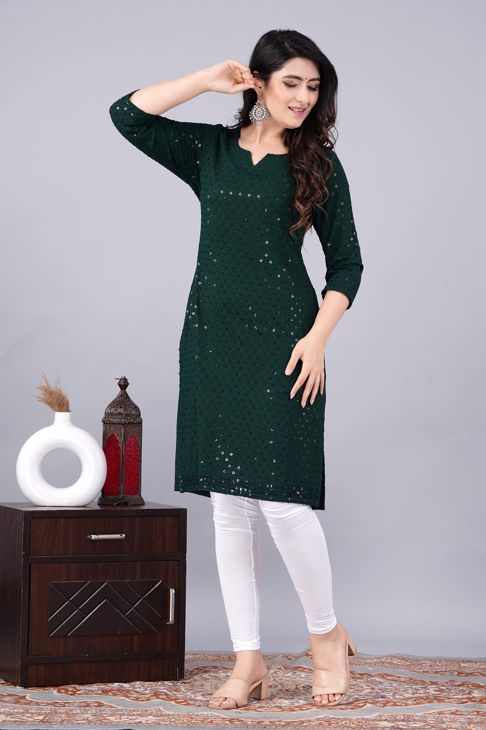 Noor Green Chikankari Kurti for Women - View 4