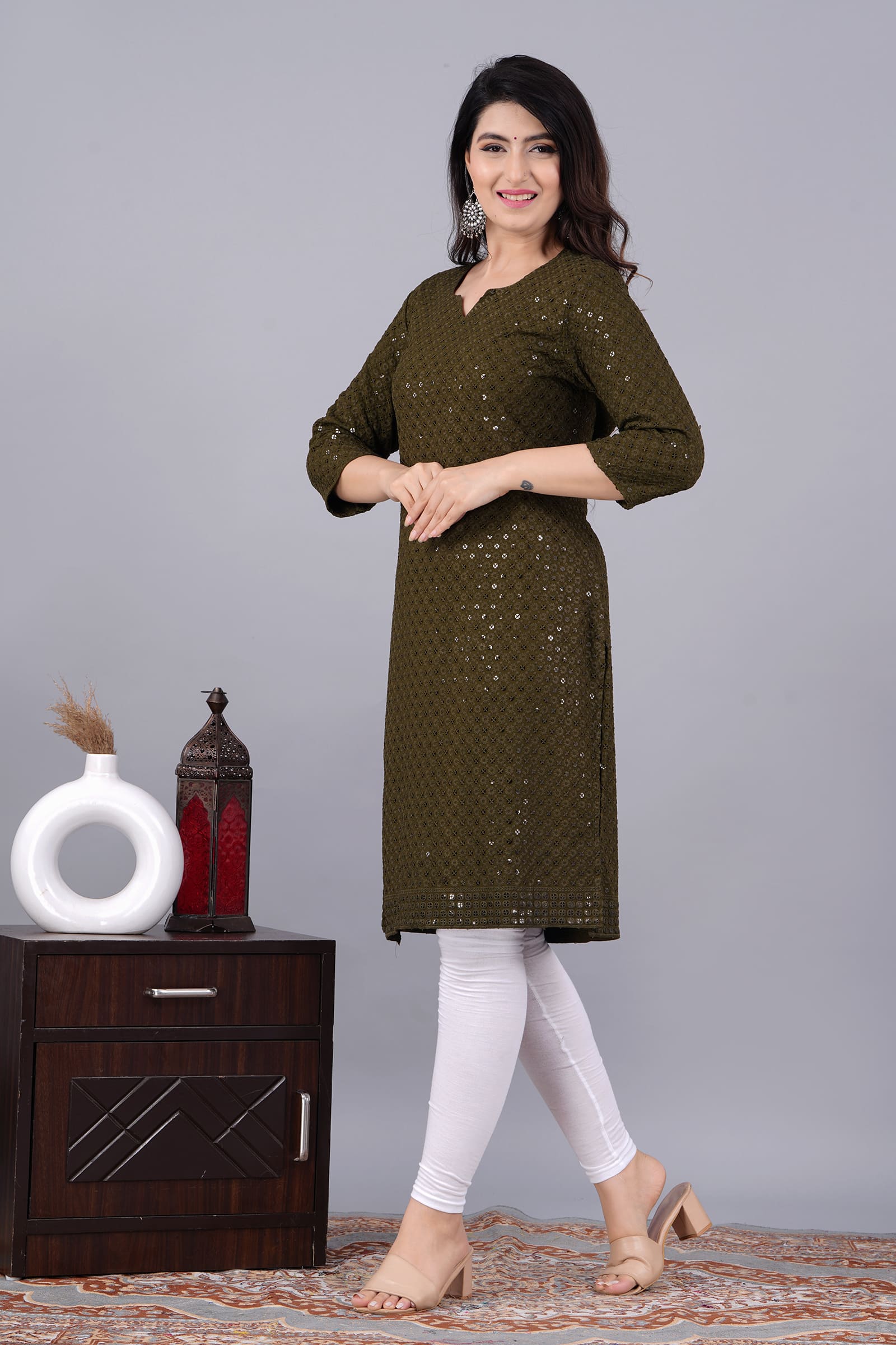 Noor mehndi Chikankari Kurti for Women - View 3
