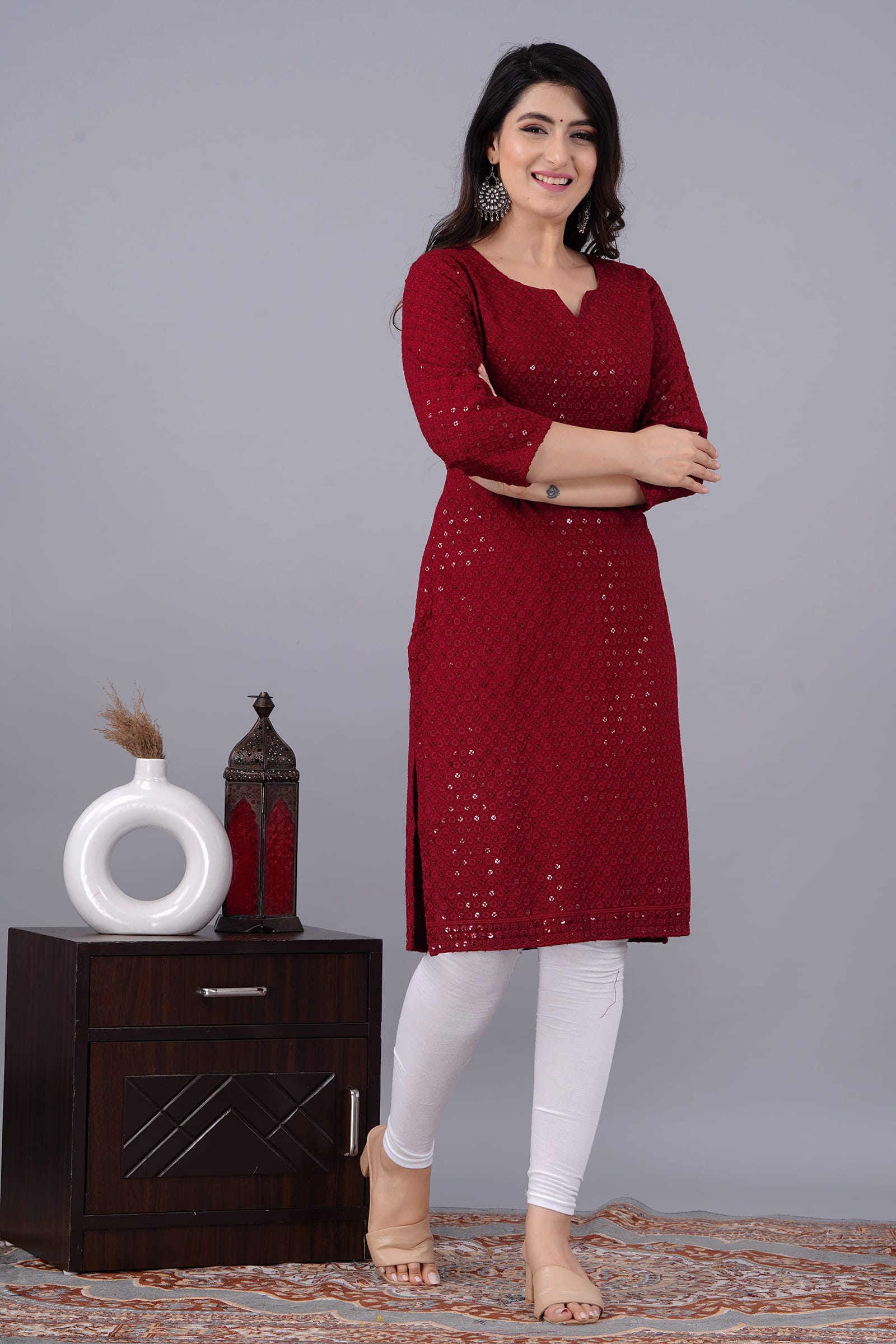 Noor Maroon Chikankari Kurti for Women - View 3