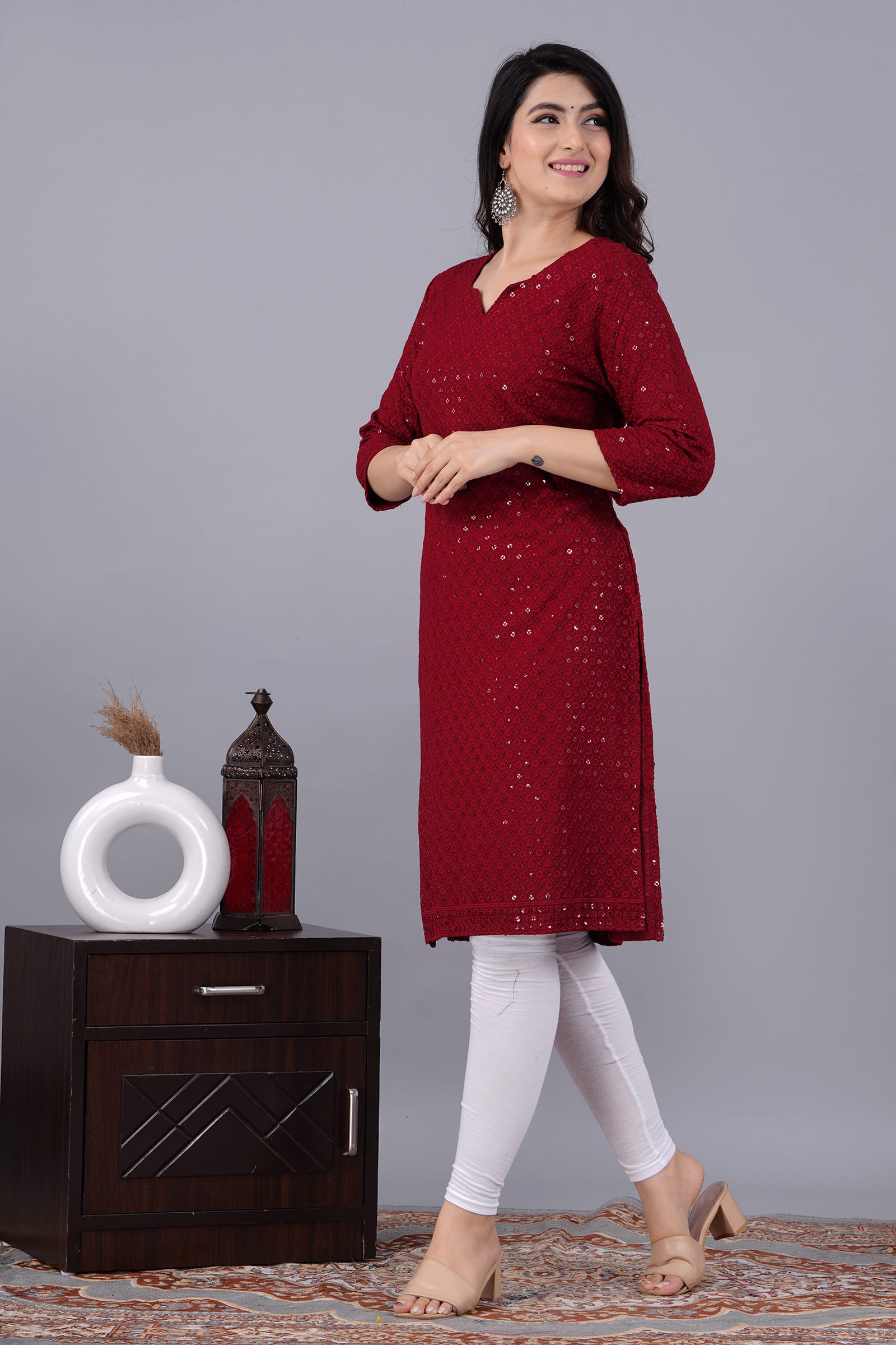 "Noor Maroon Chikankari Kurti for Women"