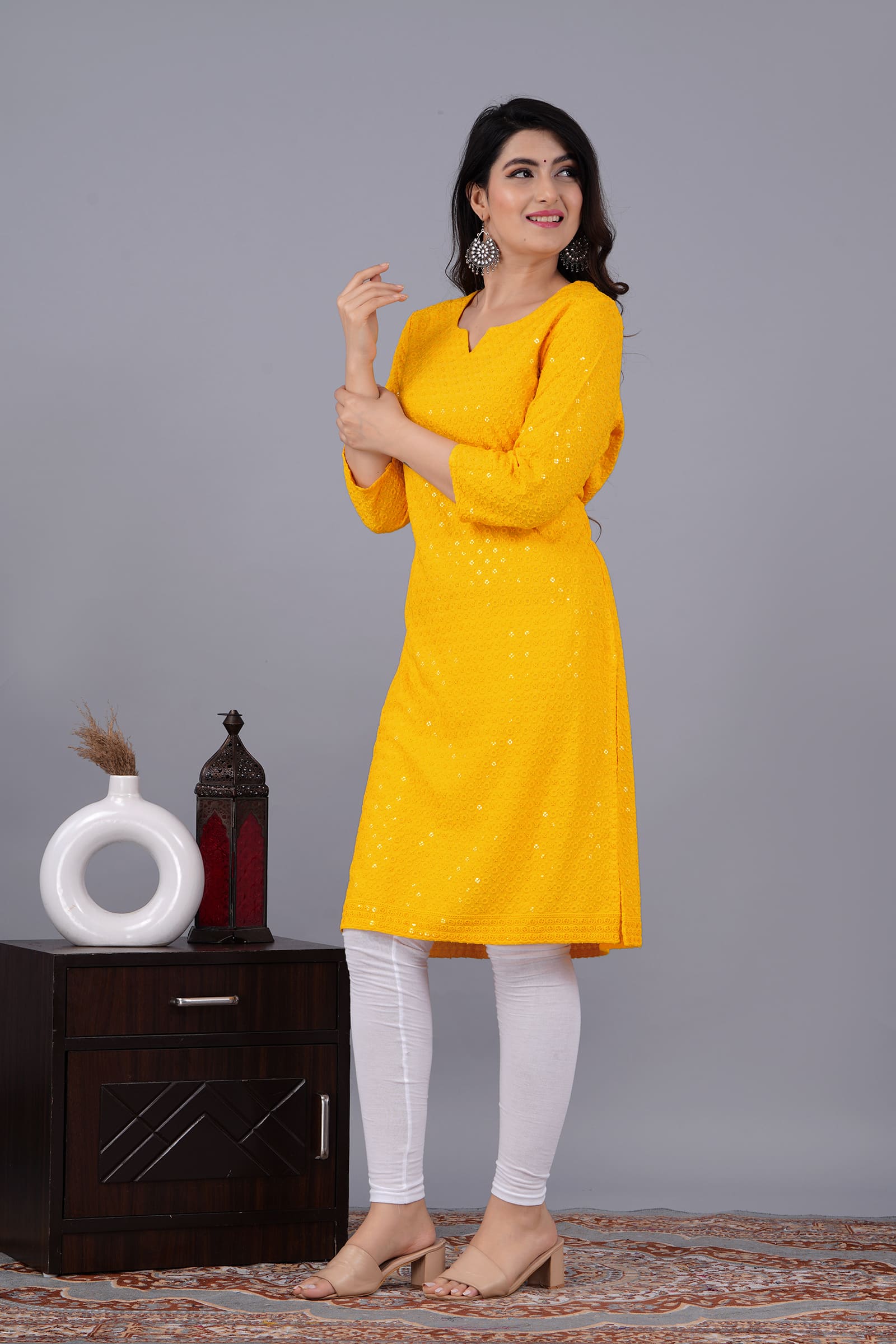 "Noor Yellow Chikankari Kurti for Women"