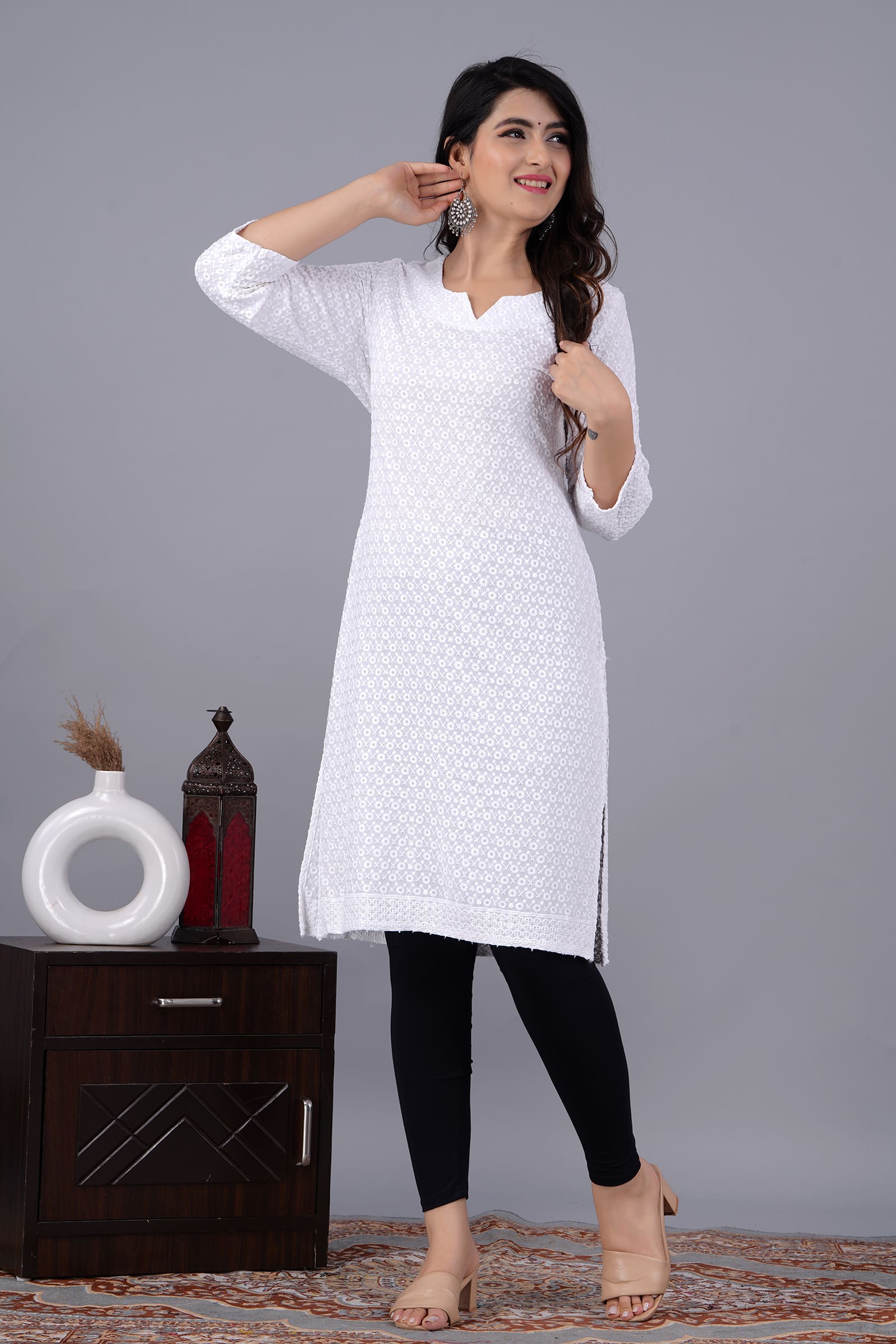 Noor White Chikankari Kurti for Women - View 3