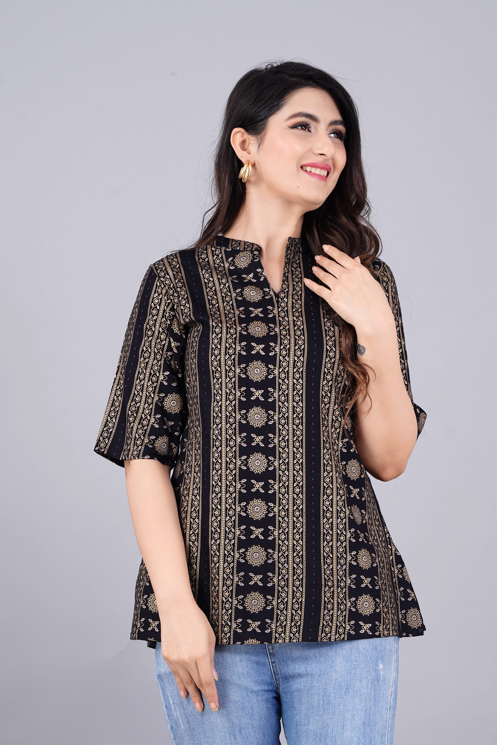 Noir Printed Cotton Black Tunic Top by vaaki