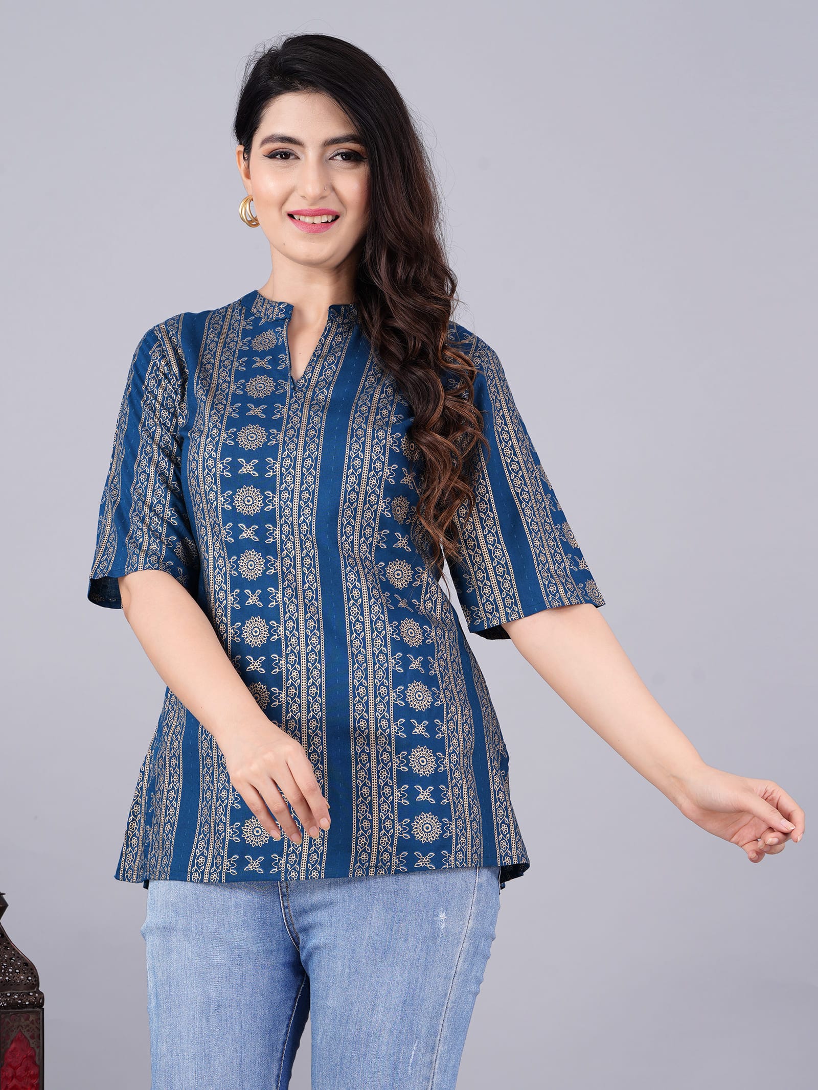 Aanya Rayon Blend Printed Blue Tunic Top