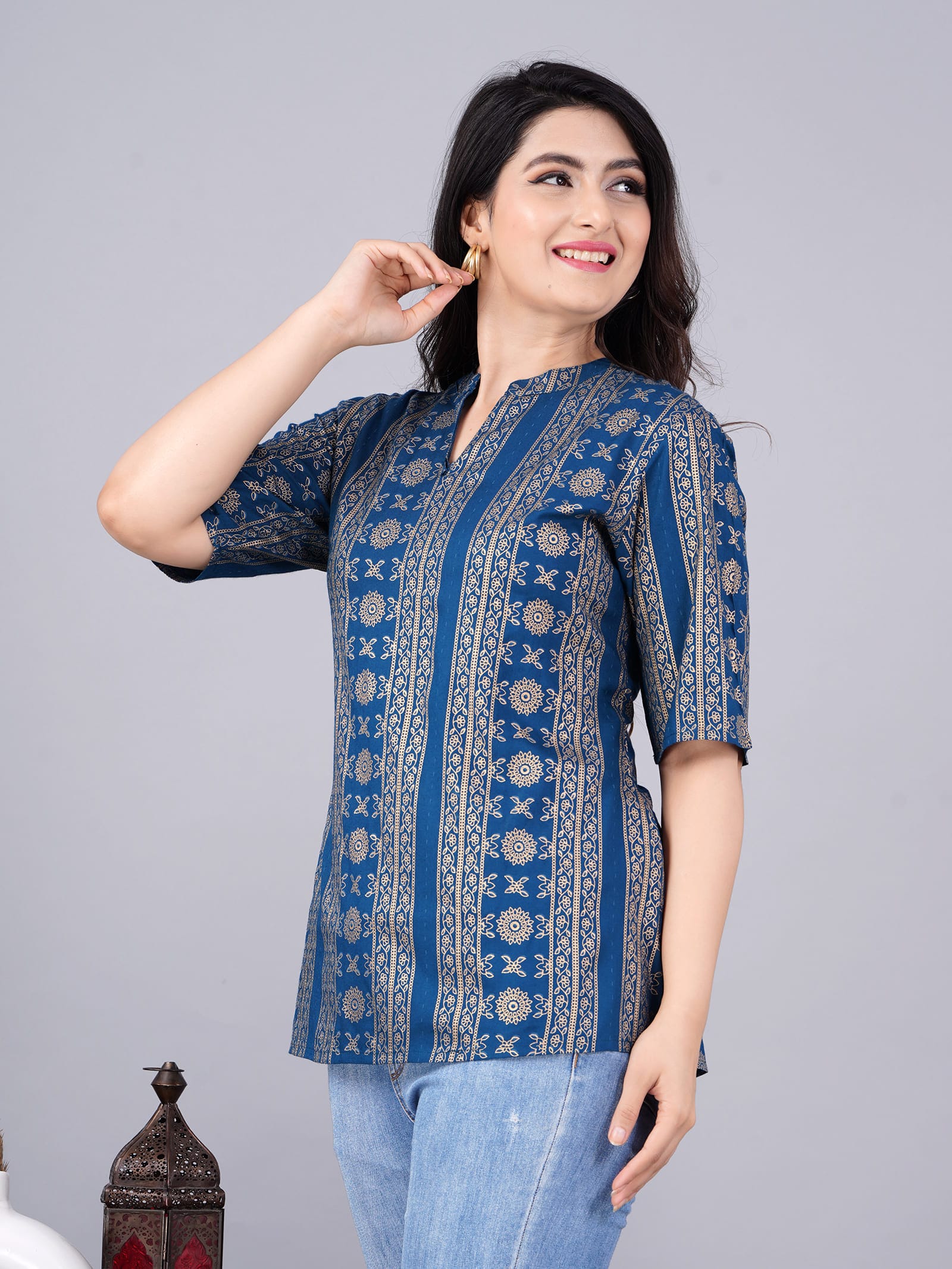 Aanya Rayon Blend Printed Blue Tunic Top - View 5