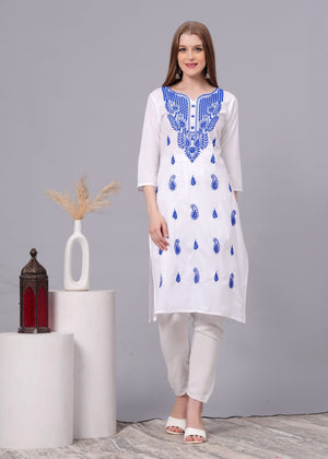 Kiara Cotton Blue Embroidery White Straight Kurti