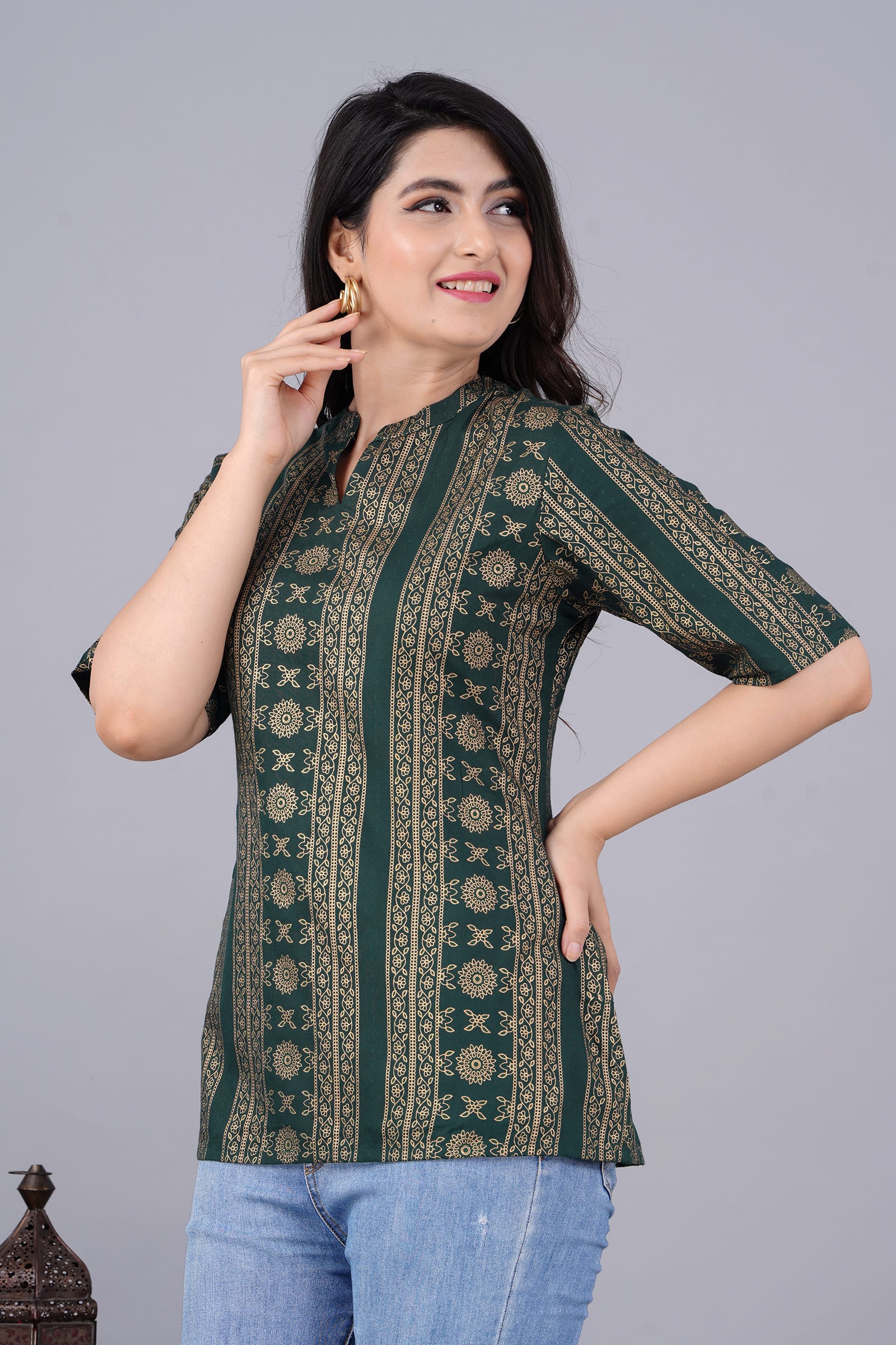 Nayra Printed Tropical Green Tunic Top - View 4
