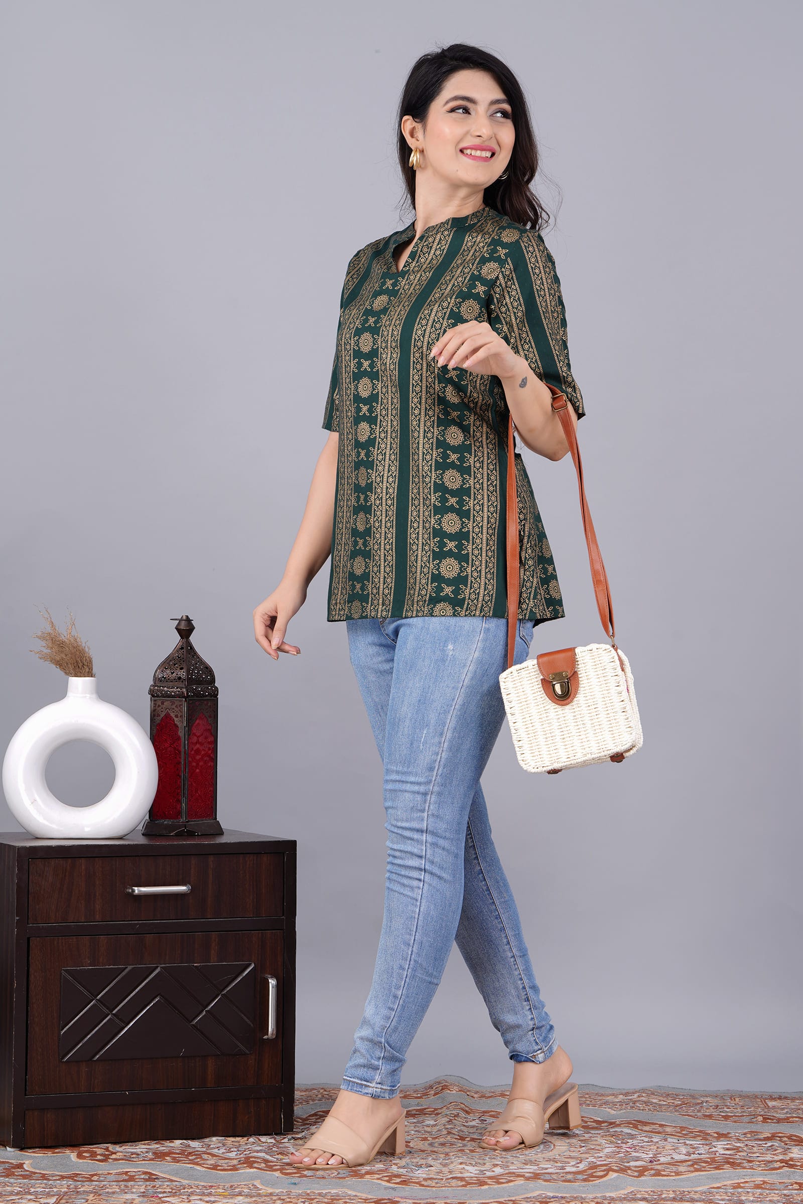 Nayra Printed Tropical Green Tunic Top - View 5