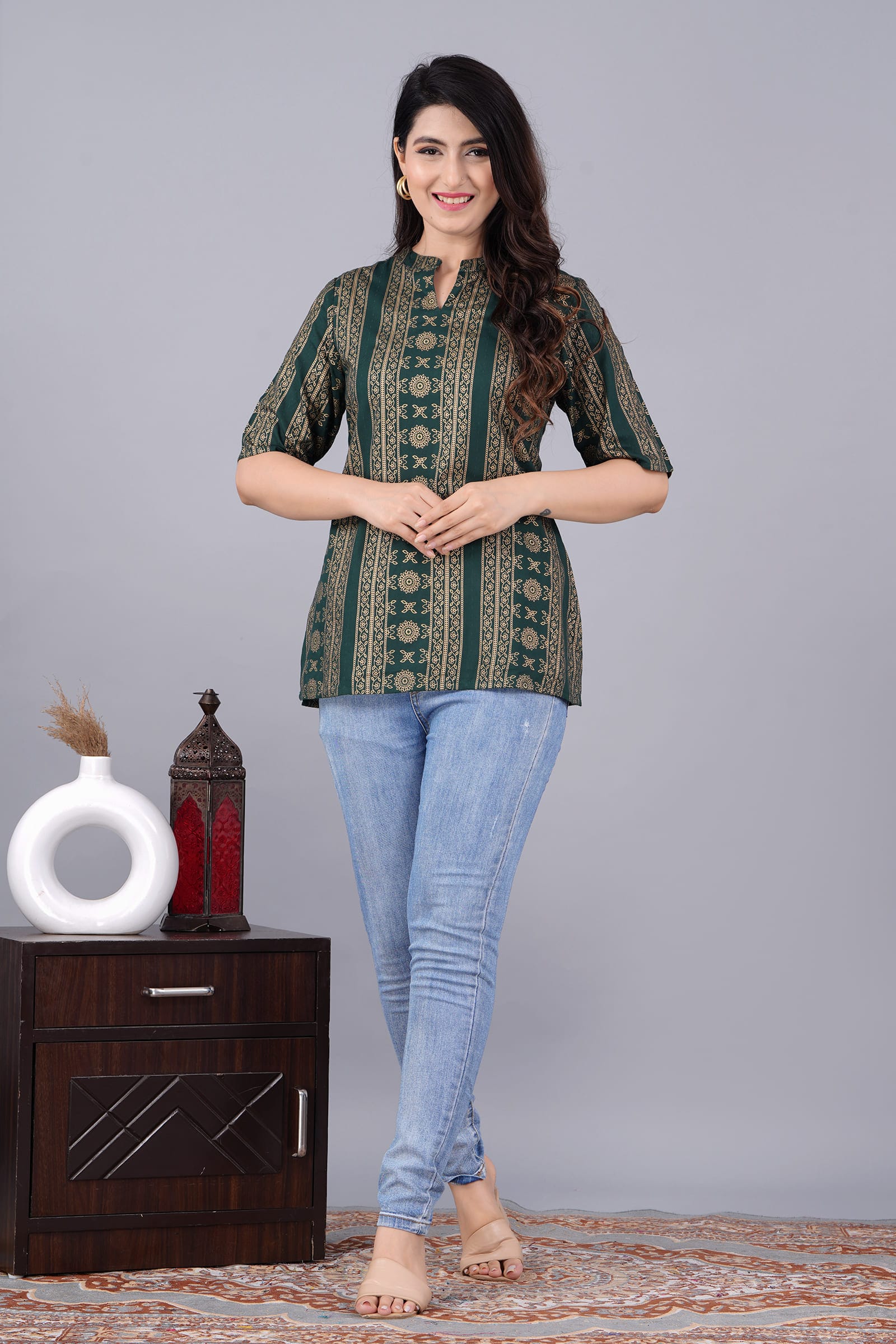 "Nayra Printed Tropical Green Tunic Top"