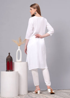 Kiara Cotton Blue Embroidery White Straight Kurti
