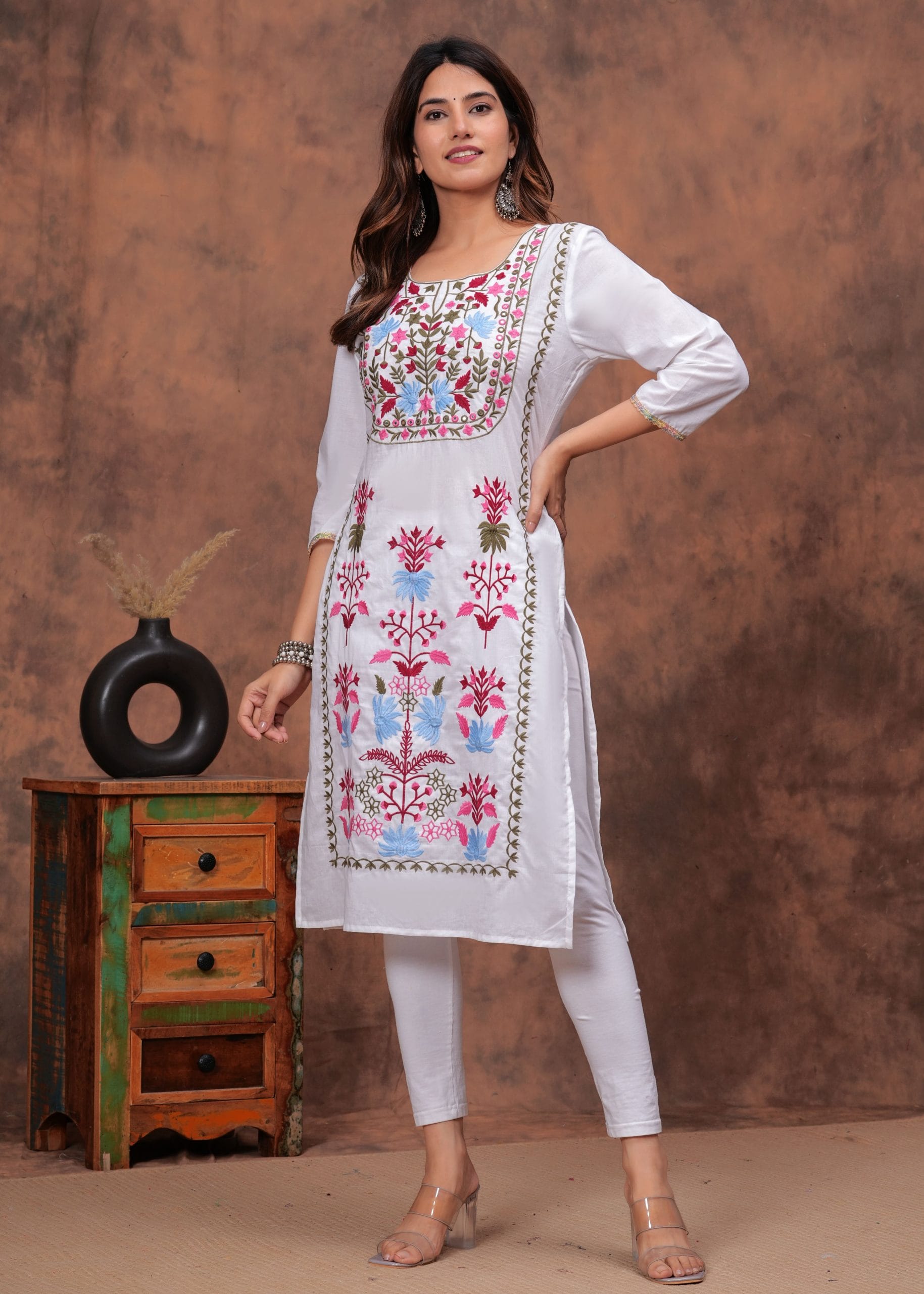 White Cotton Straight Kurti with Embroidery by vaaki