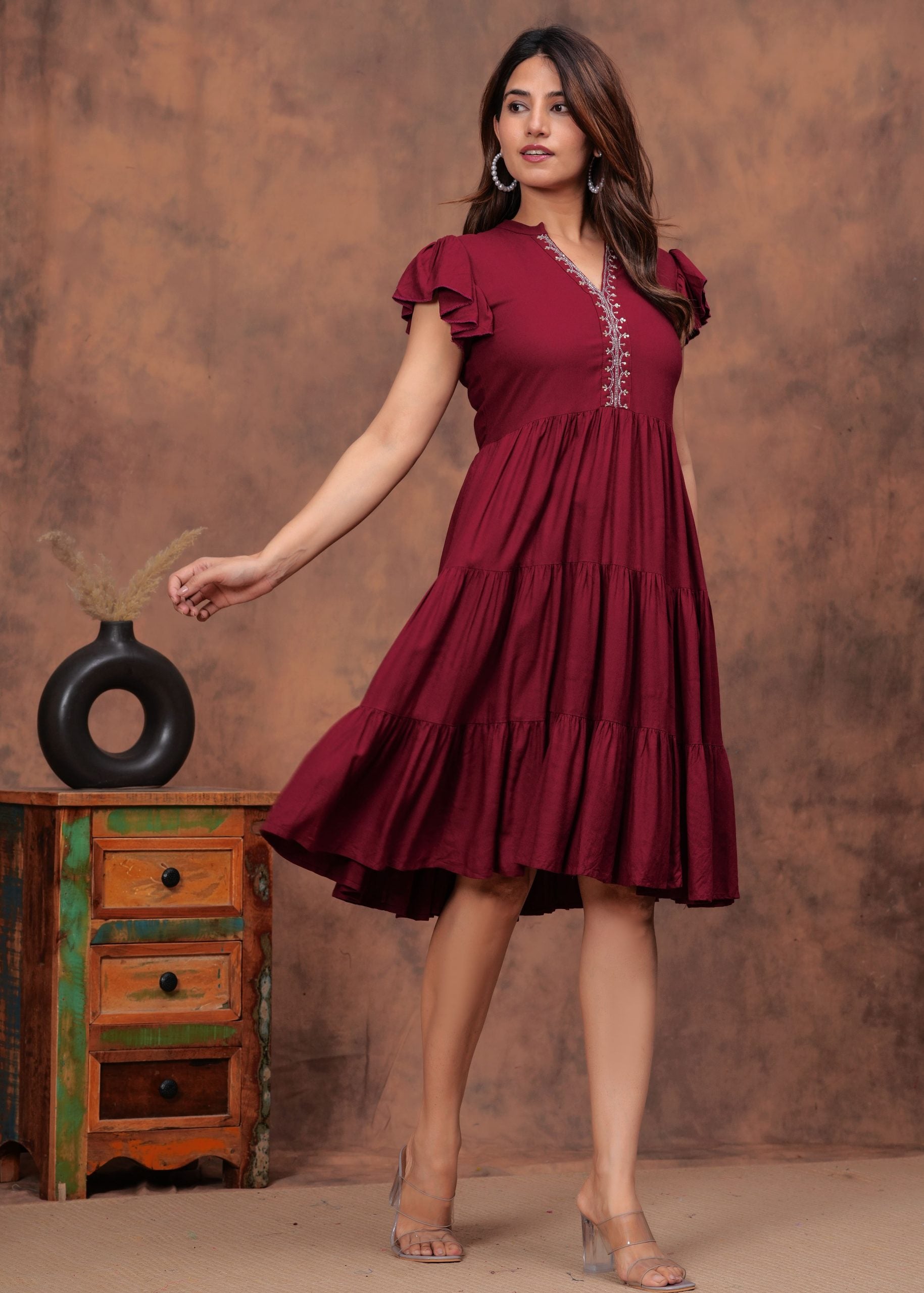 Zaara Maroon Flared Short Sleeve Dress
