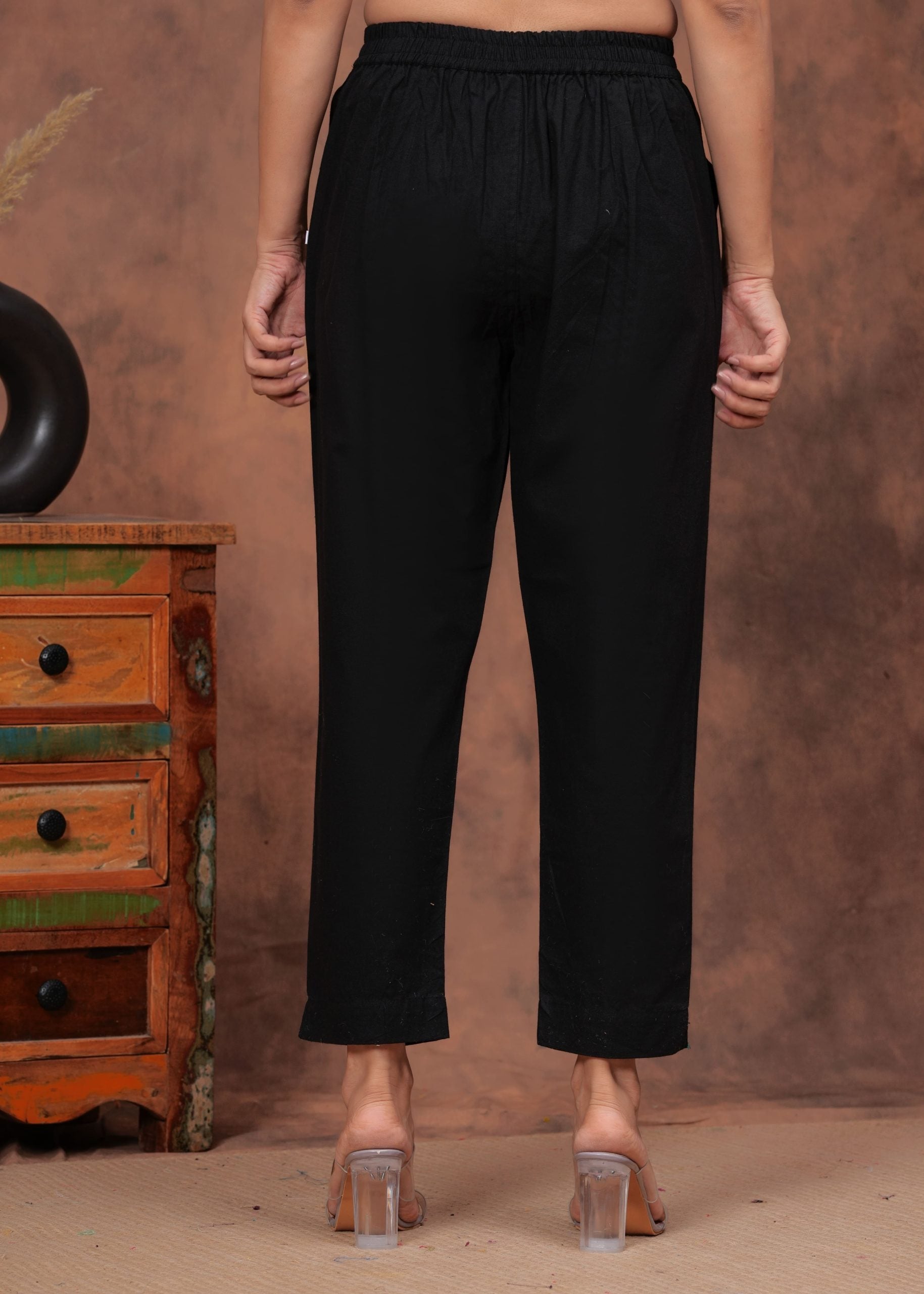 Noir Black Cotton Straight Pants for Women - View 2