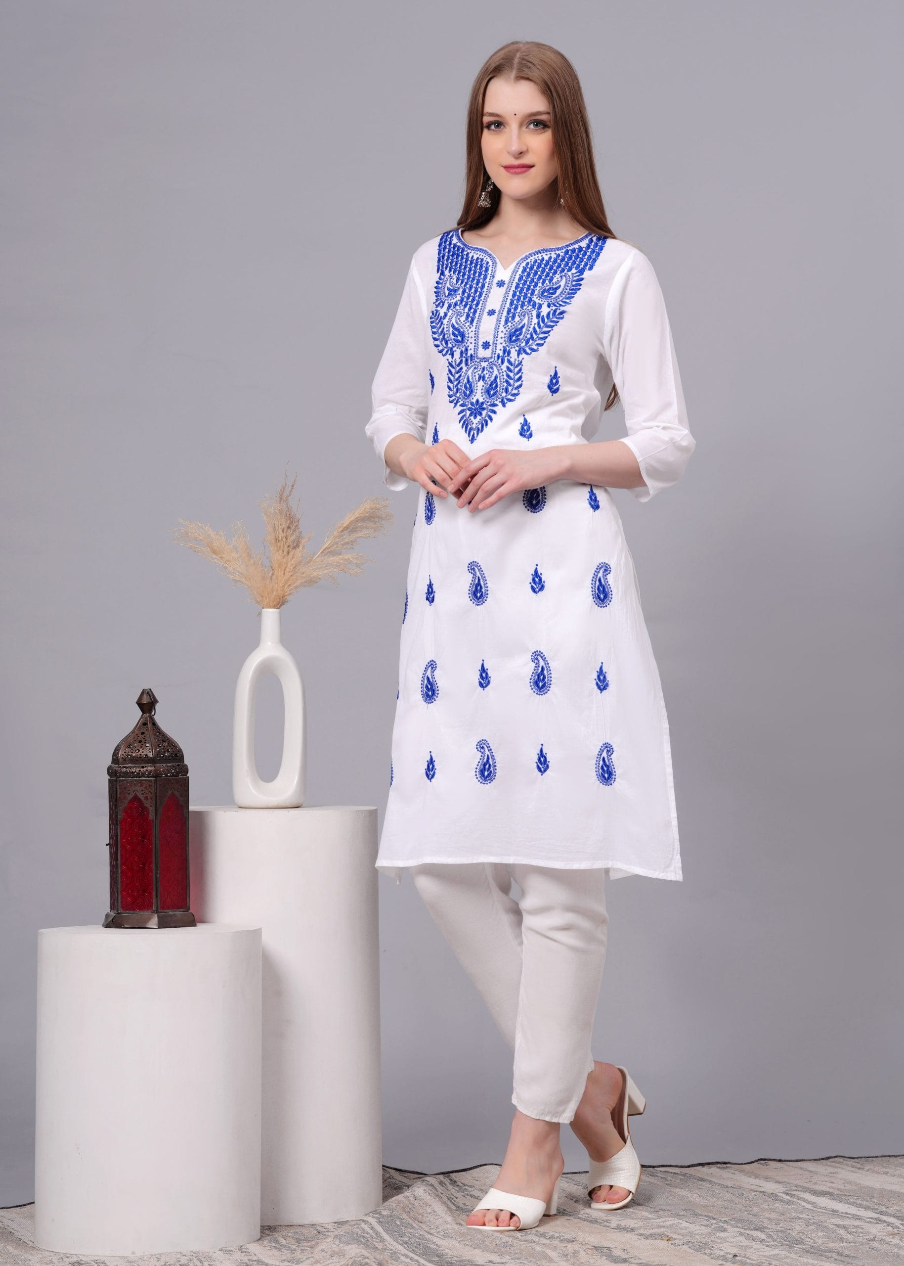 Cotton Blue Embroidery White Straight Kurti - View 5