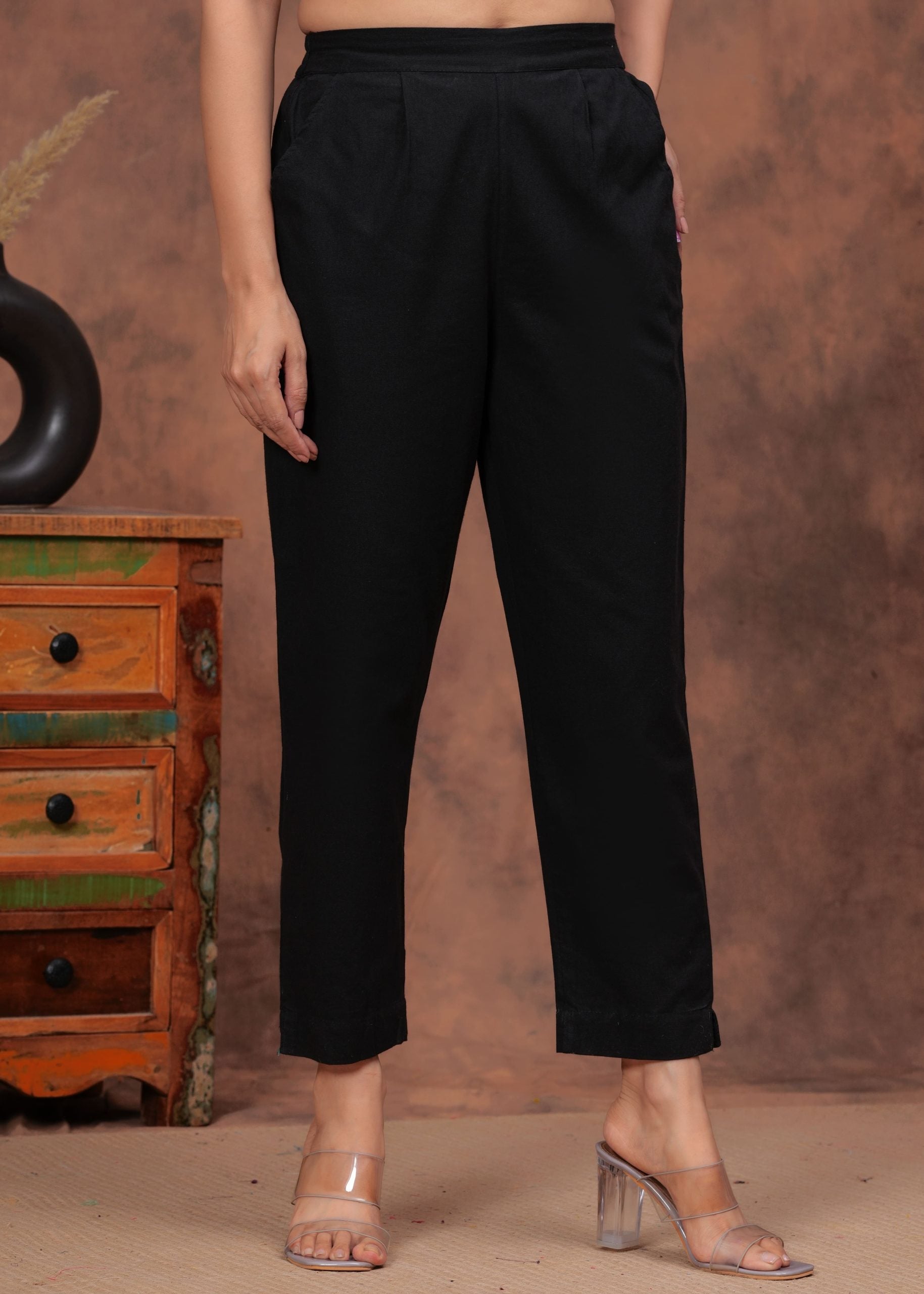 Noir Black Cotton Straight Pants for Women - View 3