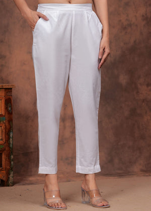 White Cotton Straight Pants for Women