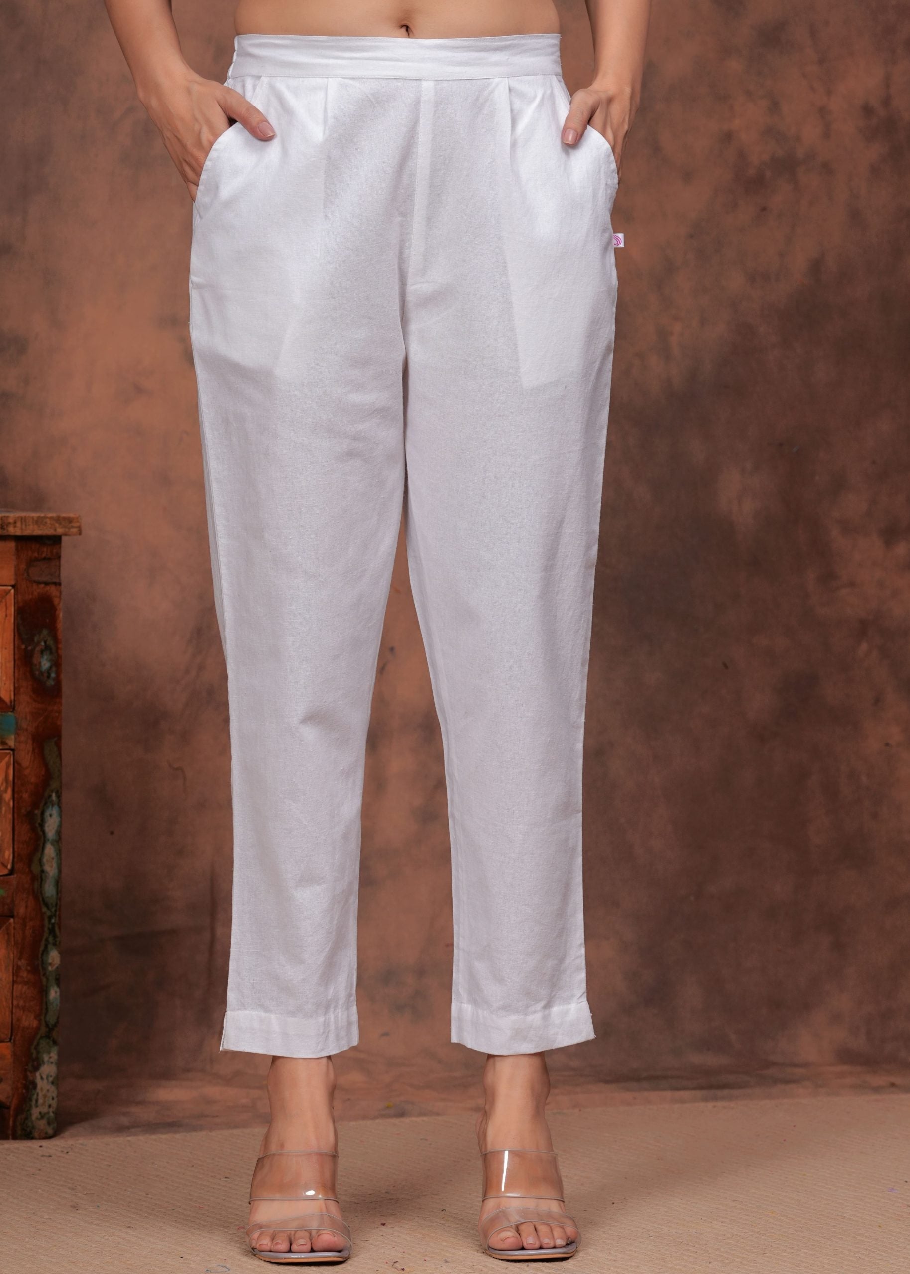 White Cotton Straight Pants for Women - View 3