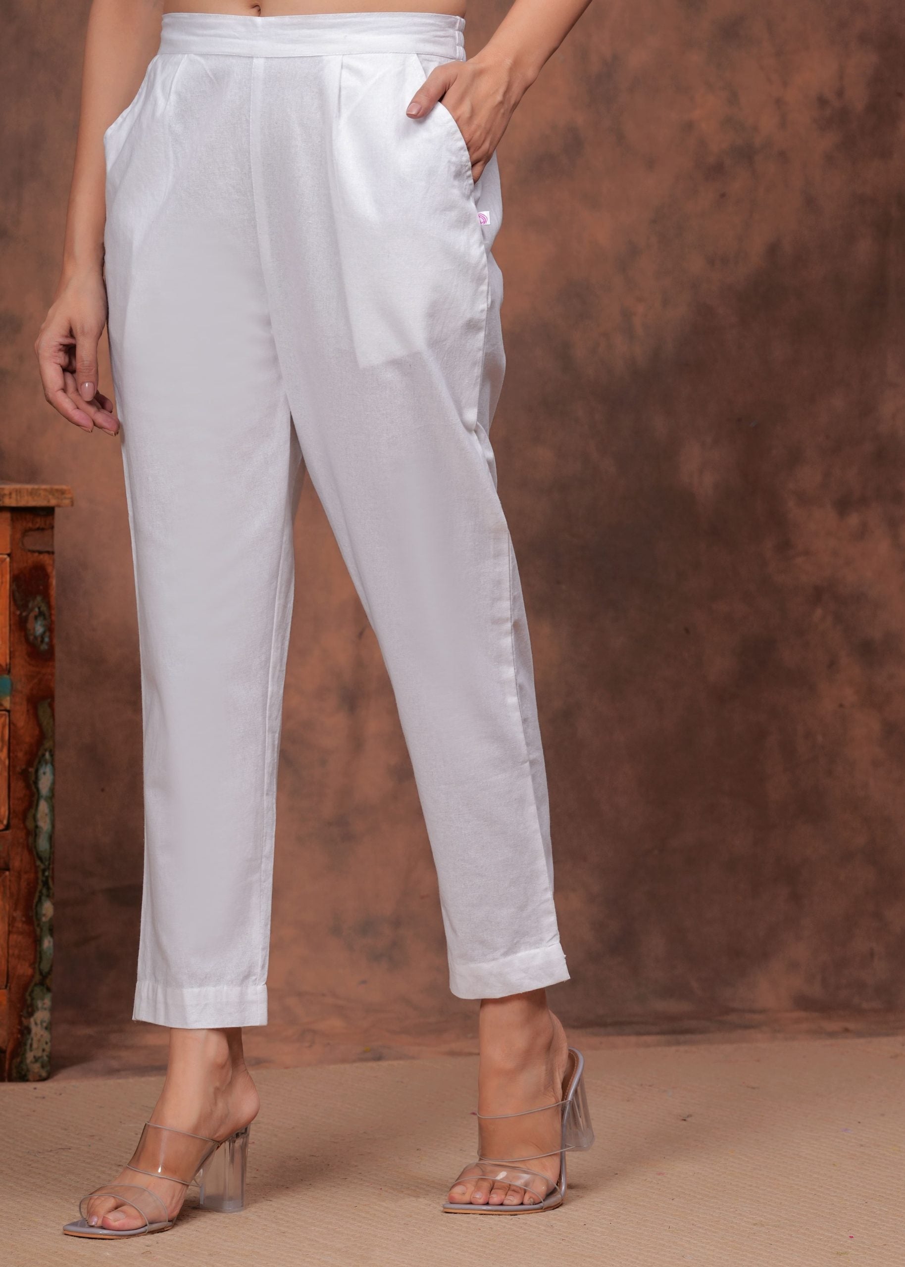 White Cotton Straight Pants for Women - View 5