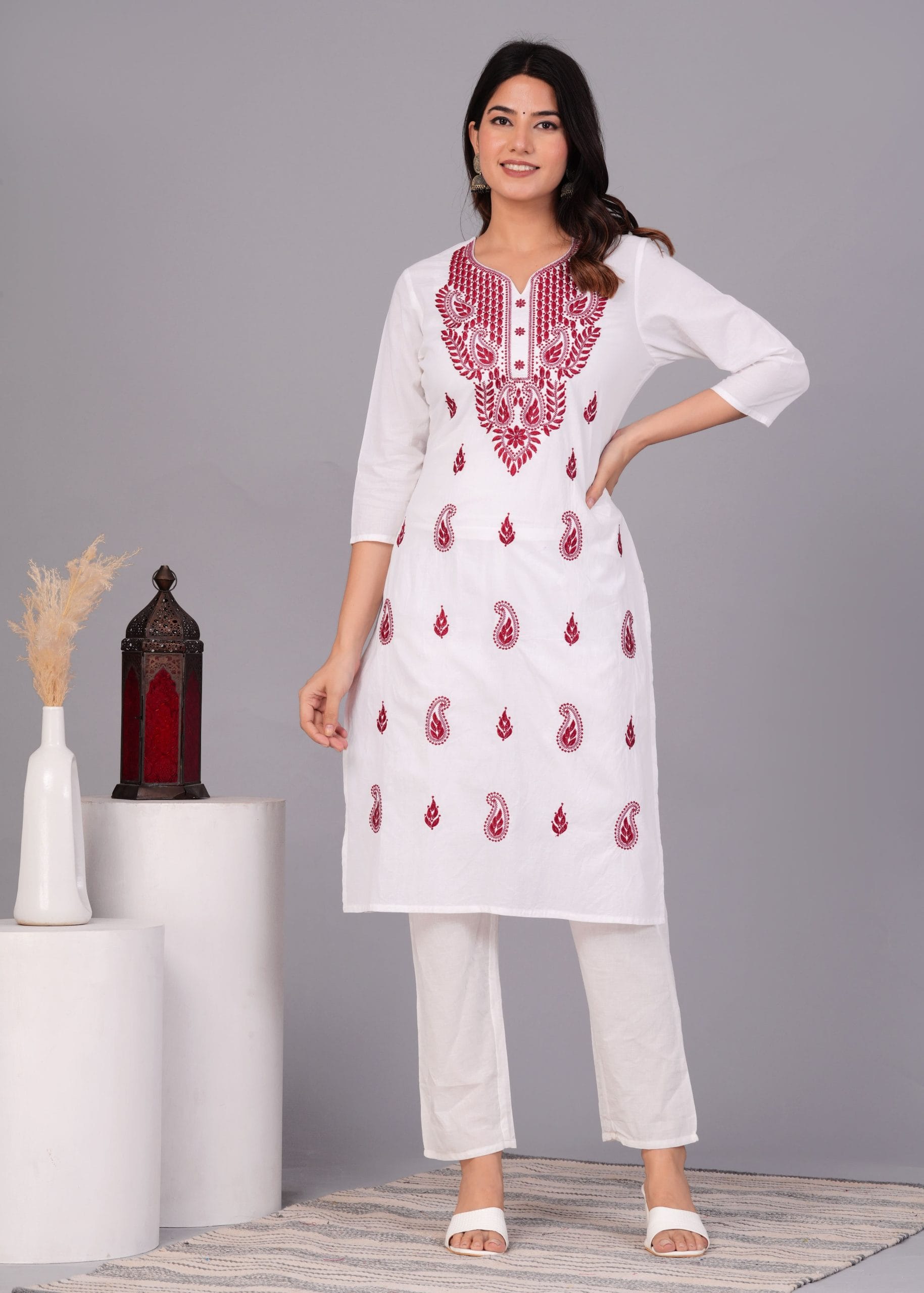 Cotton Pink Embroidery White Straight Kurti by Vaaki