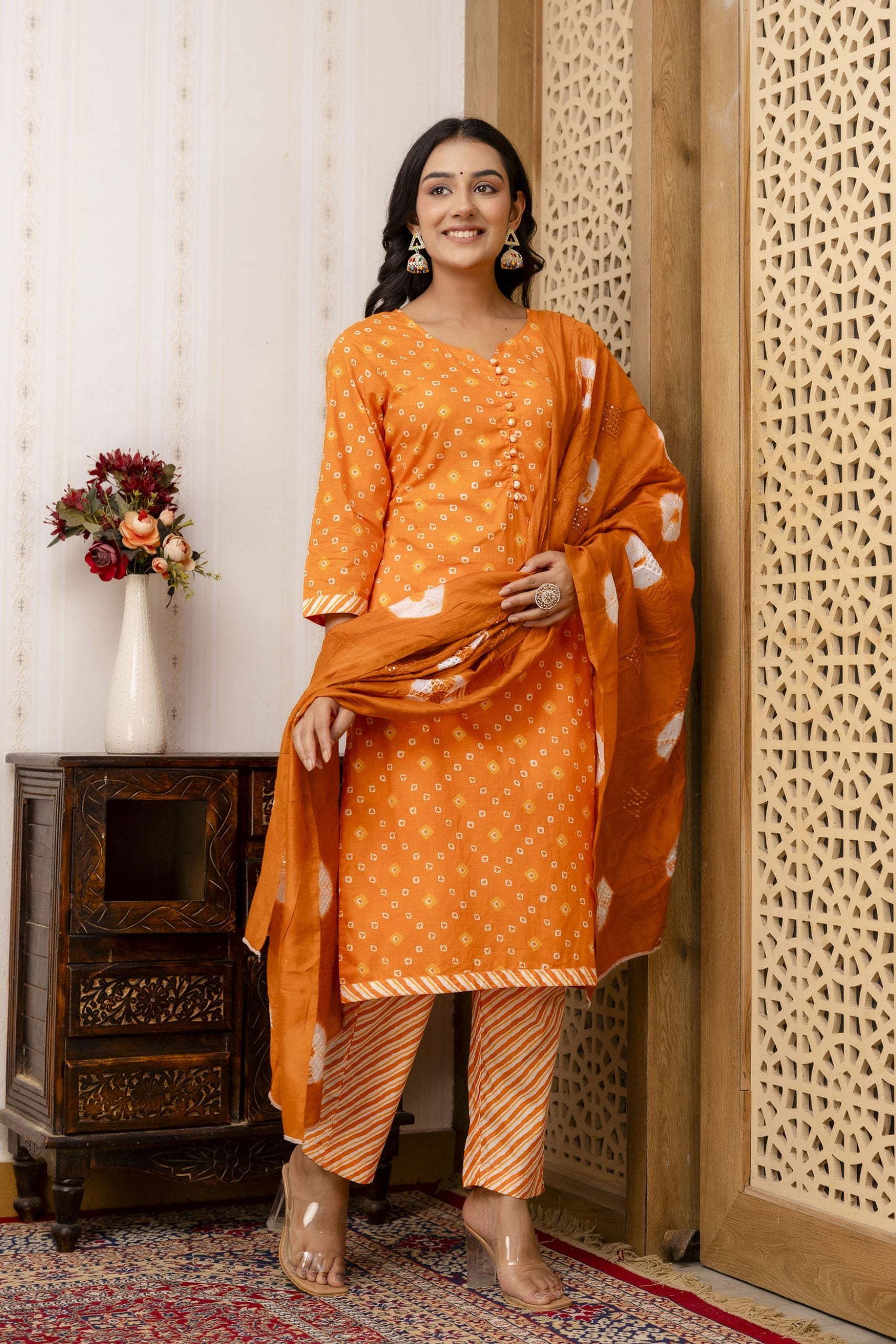 Noorani Orange Printed Kurti Pant & Dupatta Set - View 4