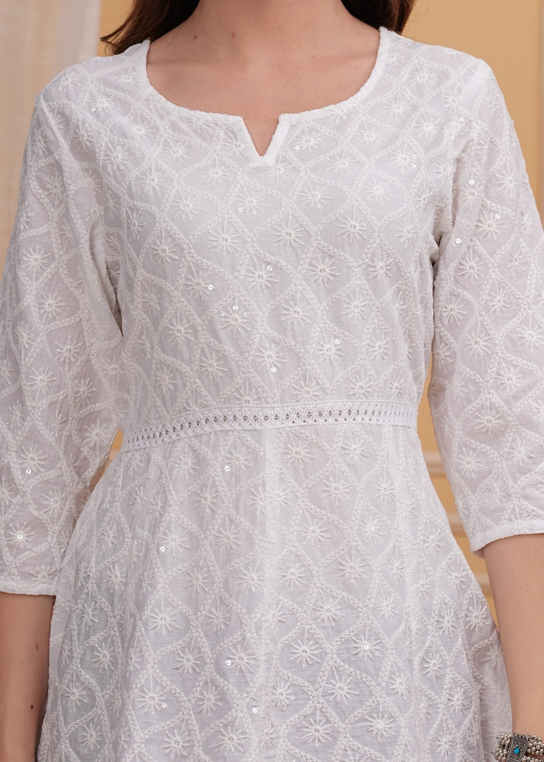 Eira White Chikankari Short Top - View 4