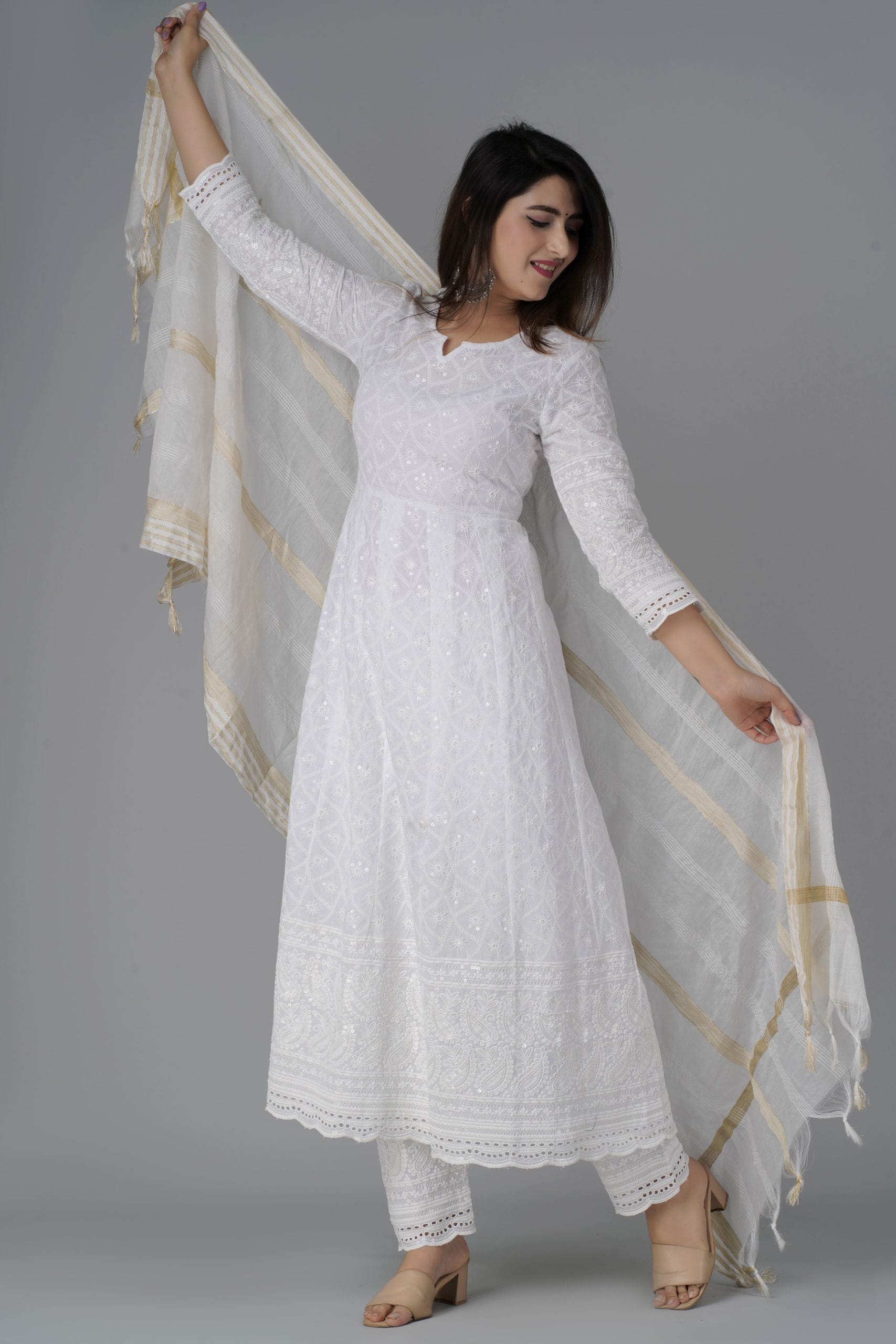 White Chikankari Anarkali Kurta Set with Dupatta - View 3