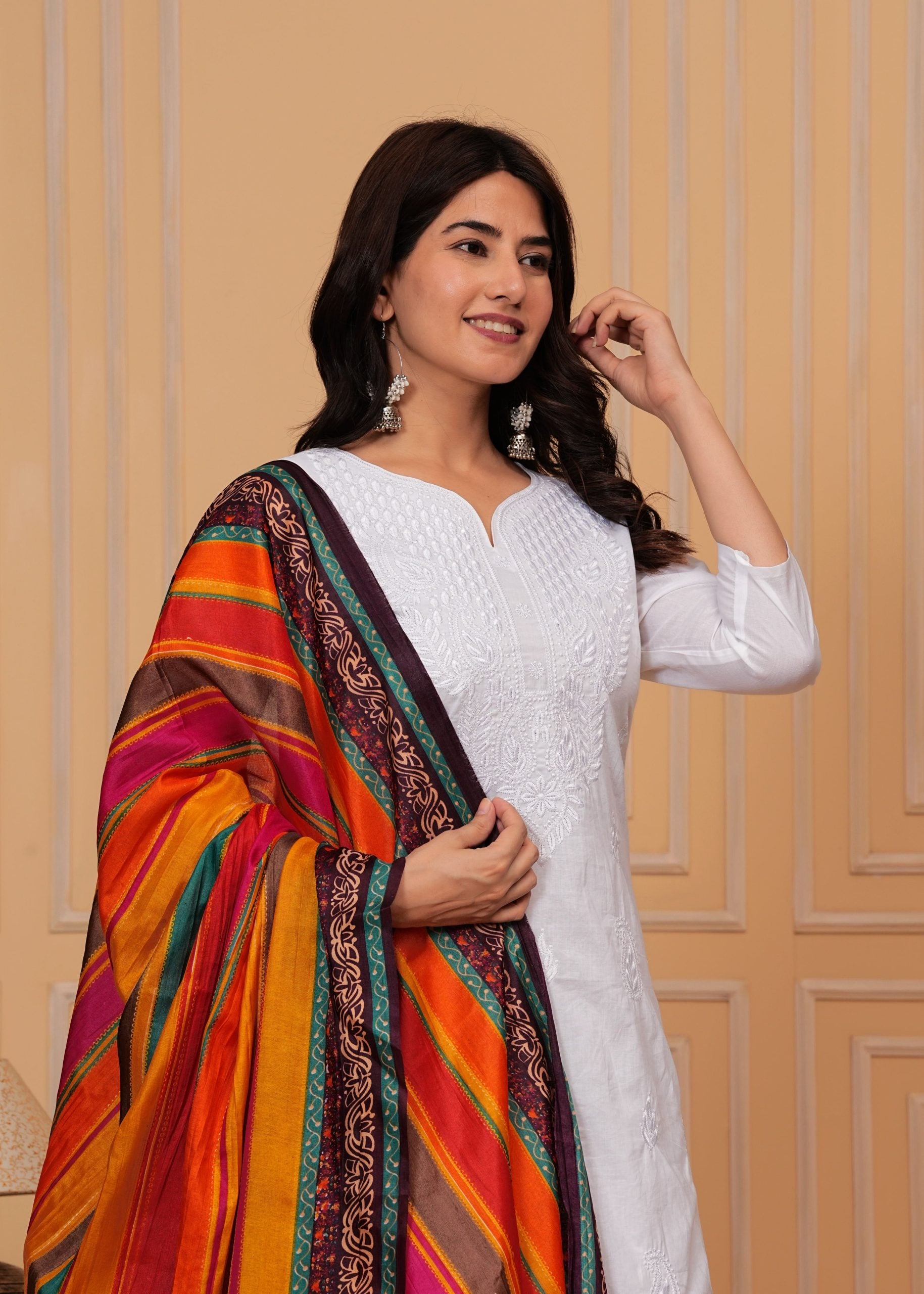 White Embroidery Kurti Skirt & Dupatta Set - View 4