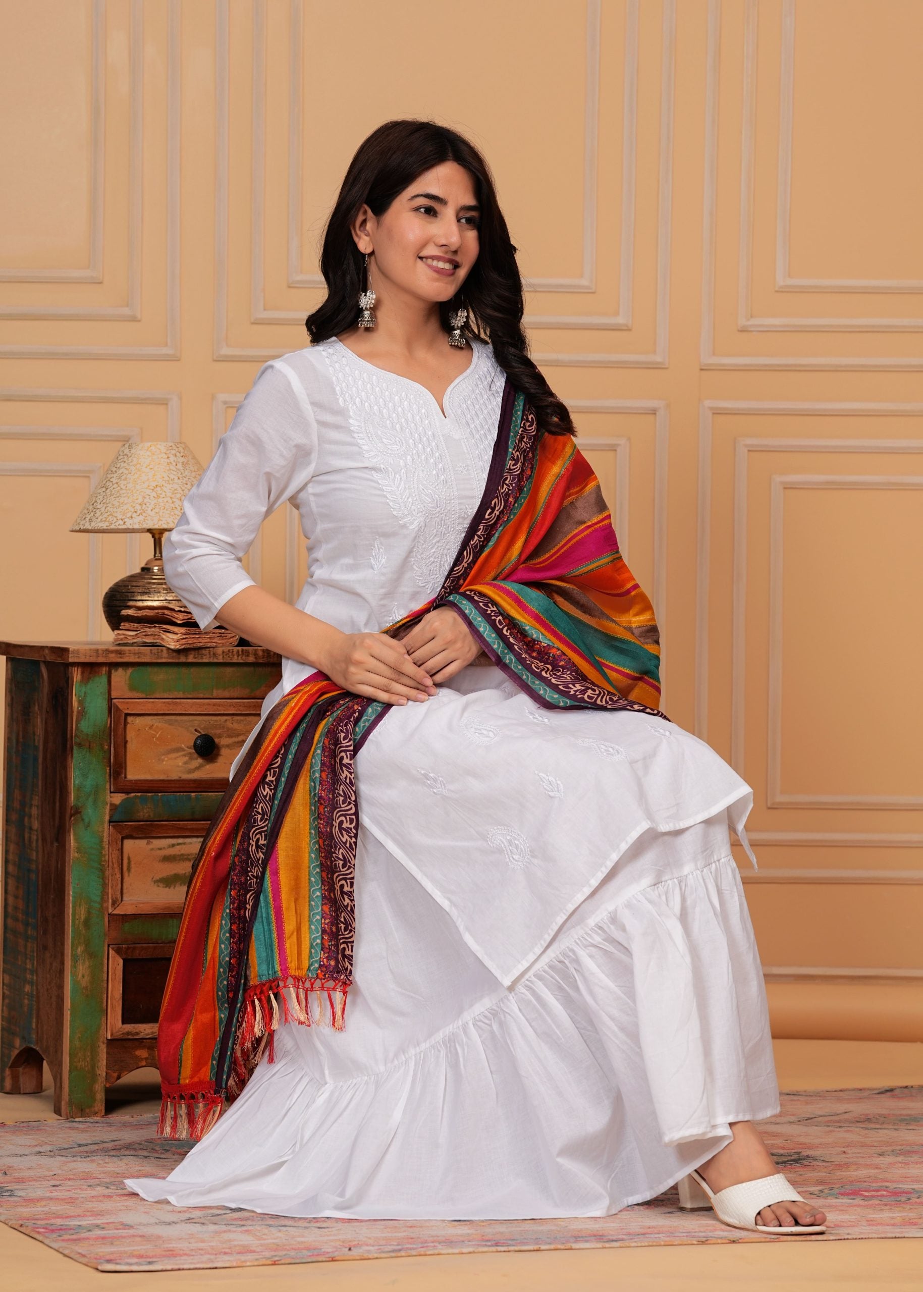 White Embroidery Kurti Skirt & Dupatta Set - View 5