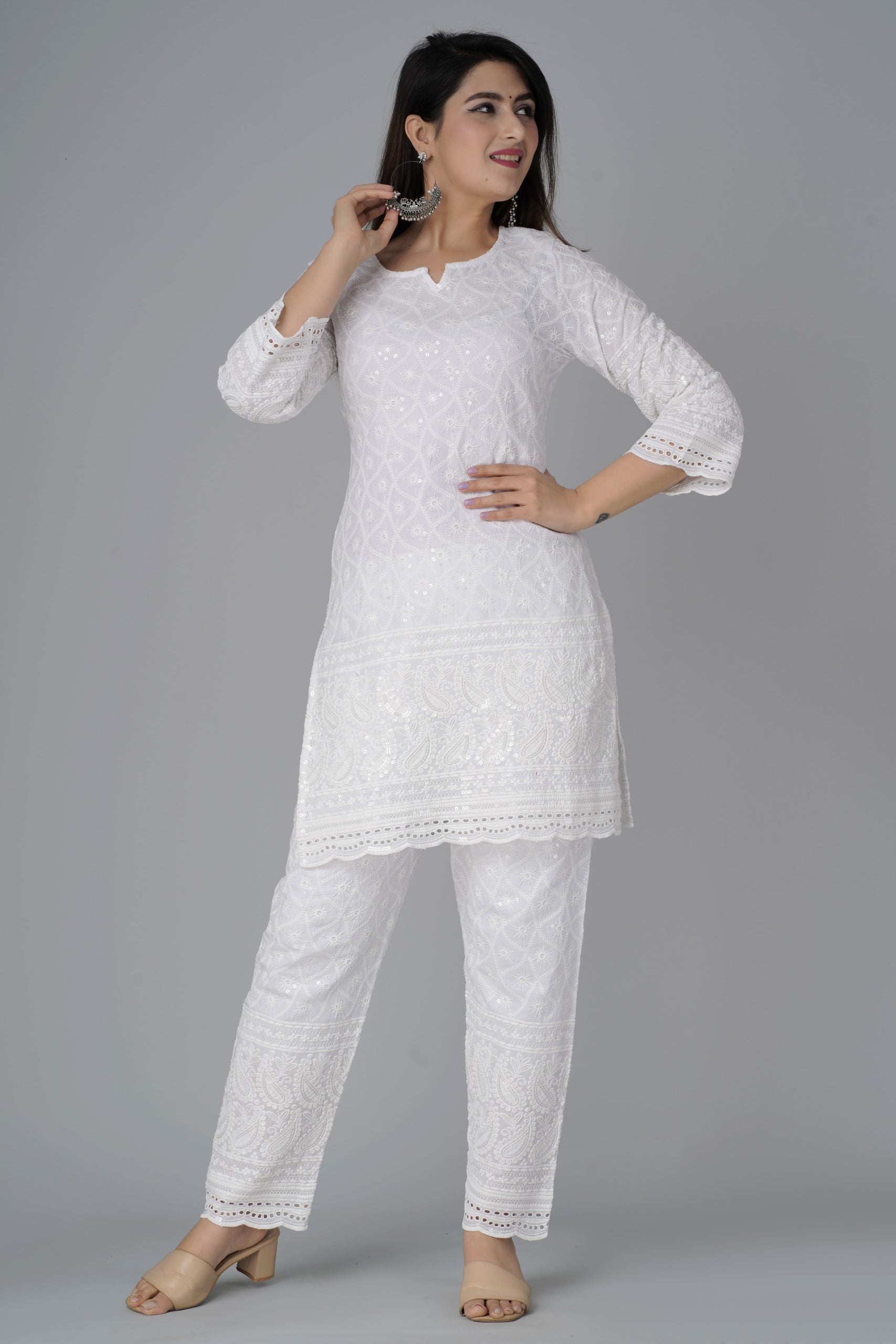 Women's Cotton White Chikankari Kurti Pant Set by Vaaki