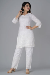 Women's White Chikankari Kurti Pant Set