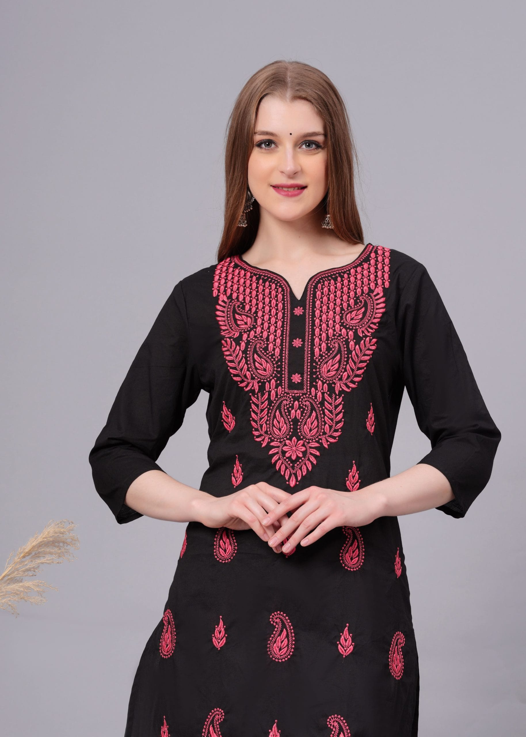Cotton Pink Embroidery Black Straight Kurti - View 4