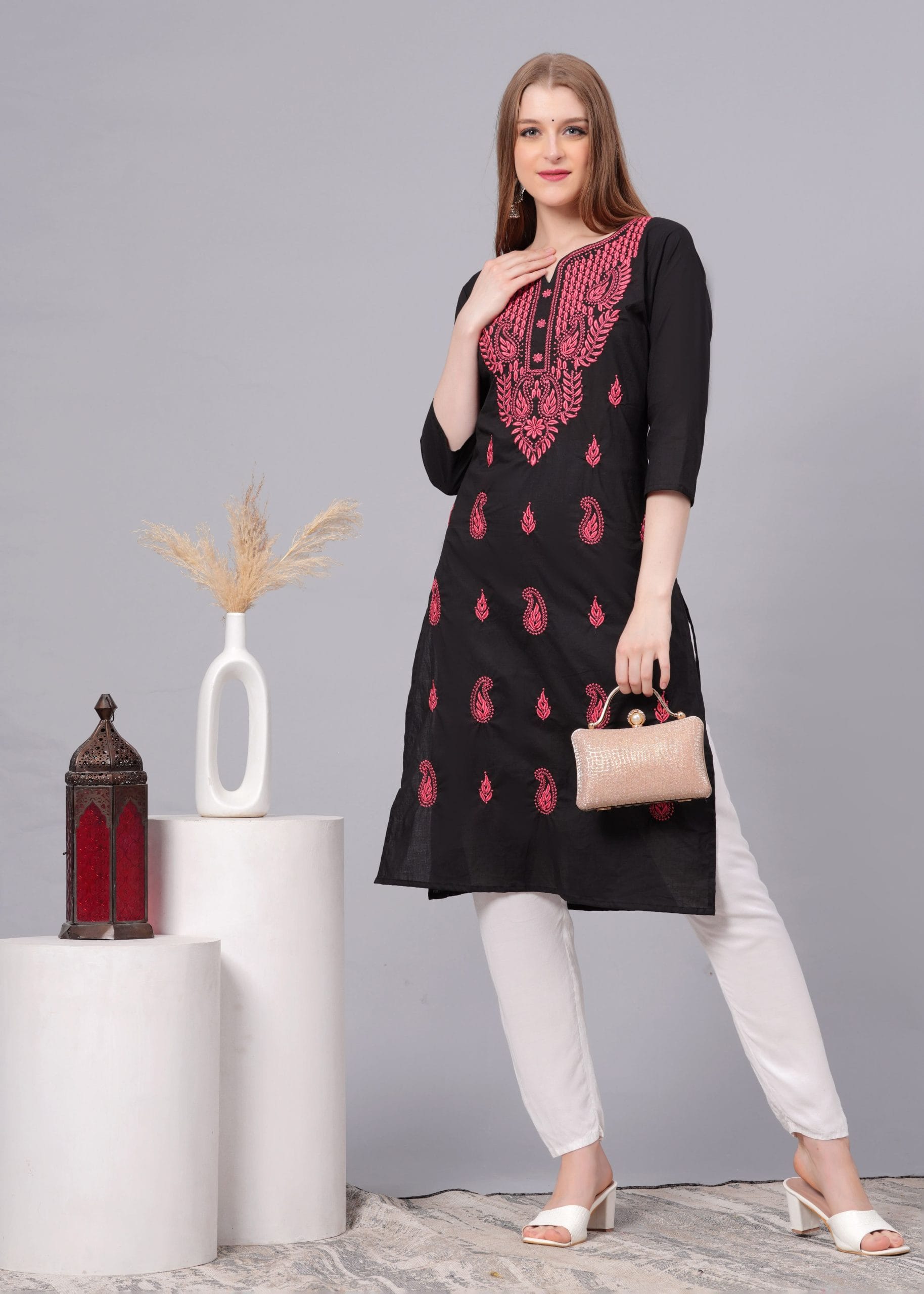 Cotton Pink Embroidery Black Straight Kurti - View 5
