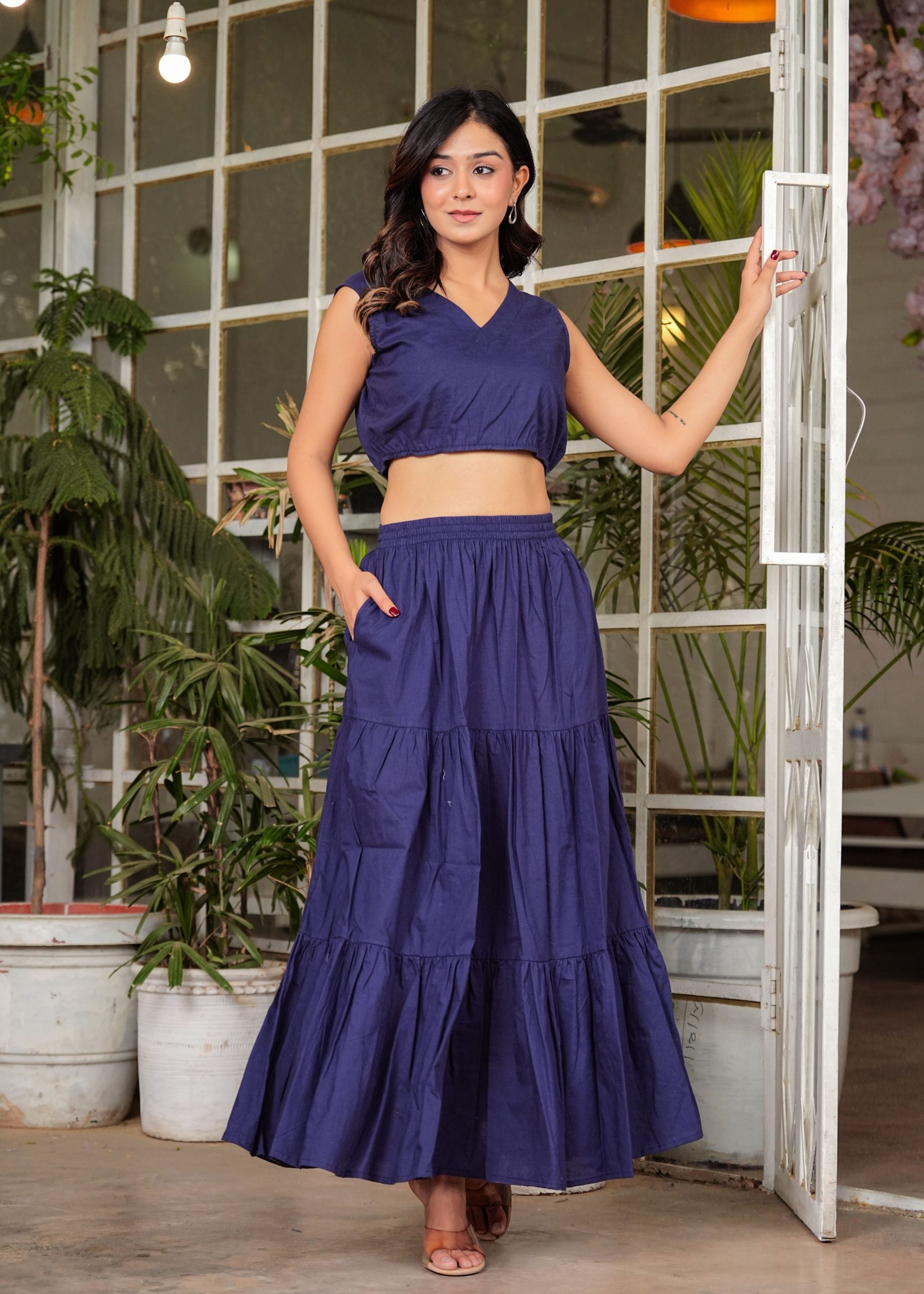 Meira Flared Blue Long Maxi Skirt - View 4