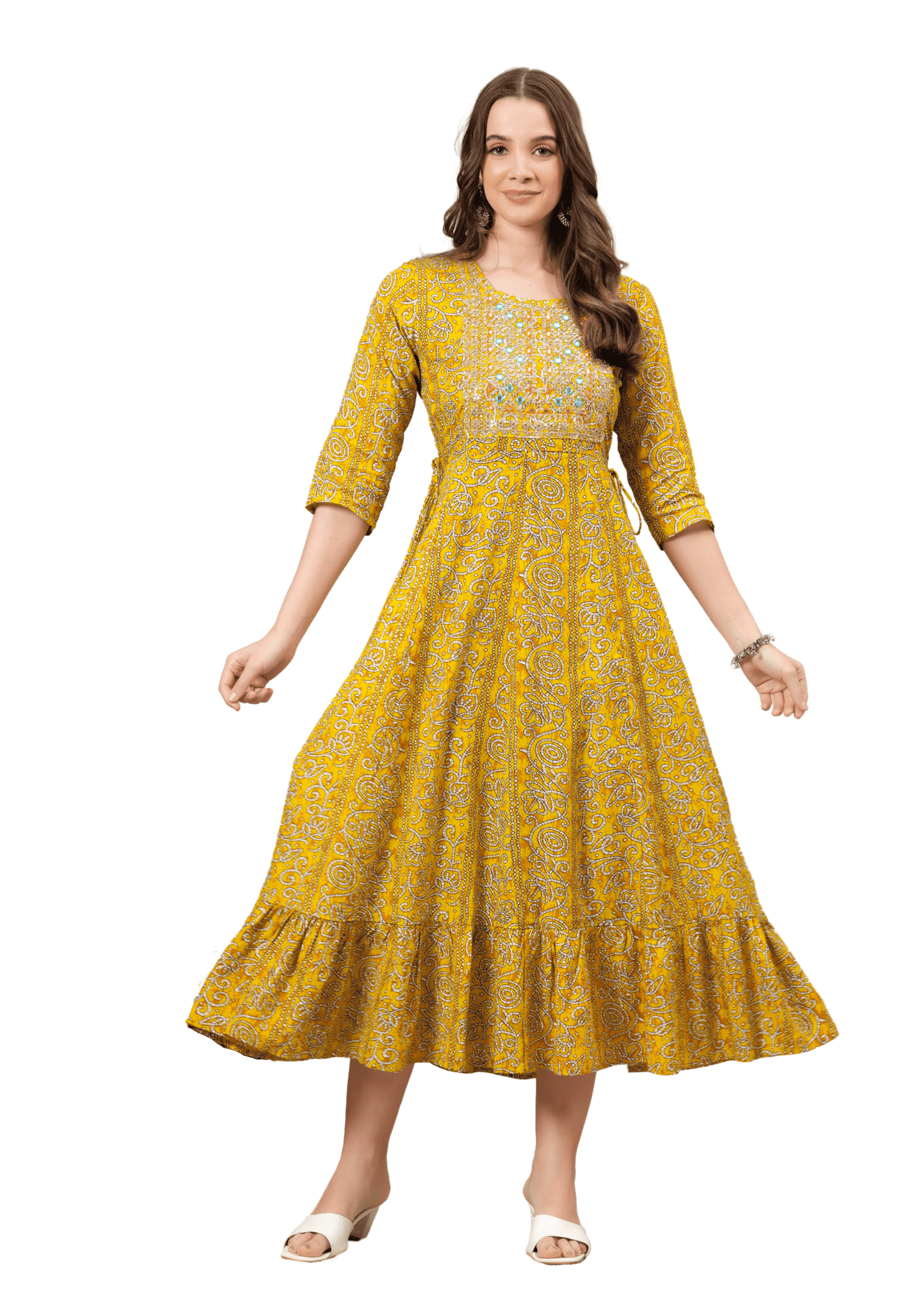 Ivaya Mustard Yellow Cotton Anarkali Kurti for Women